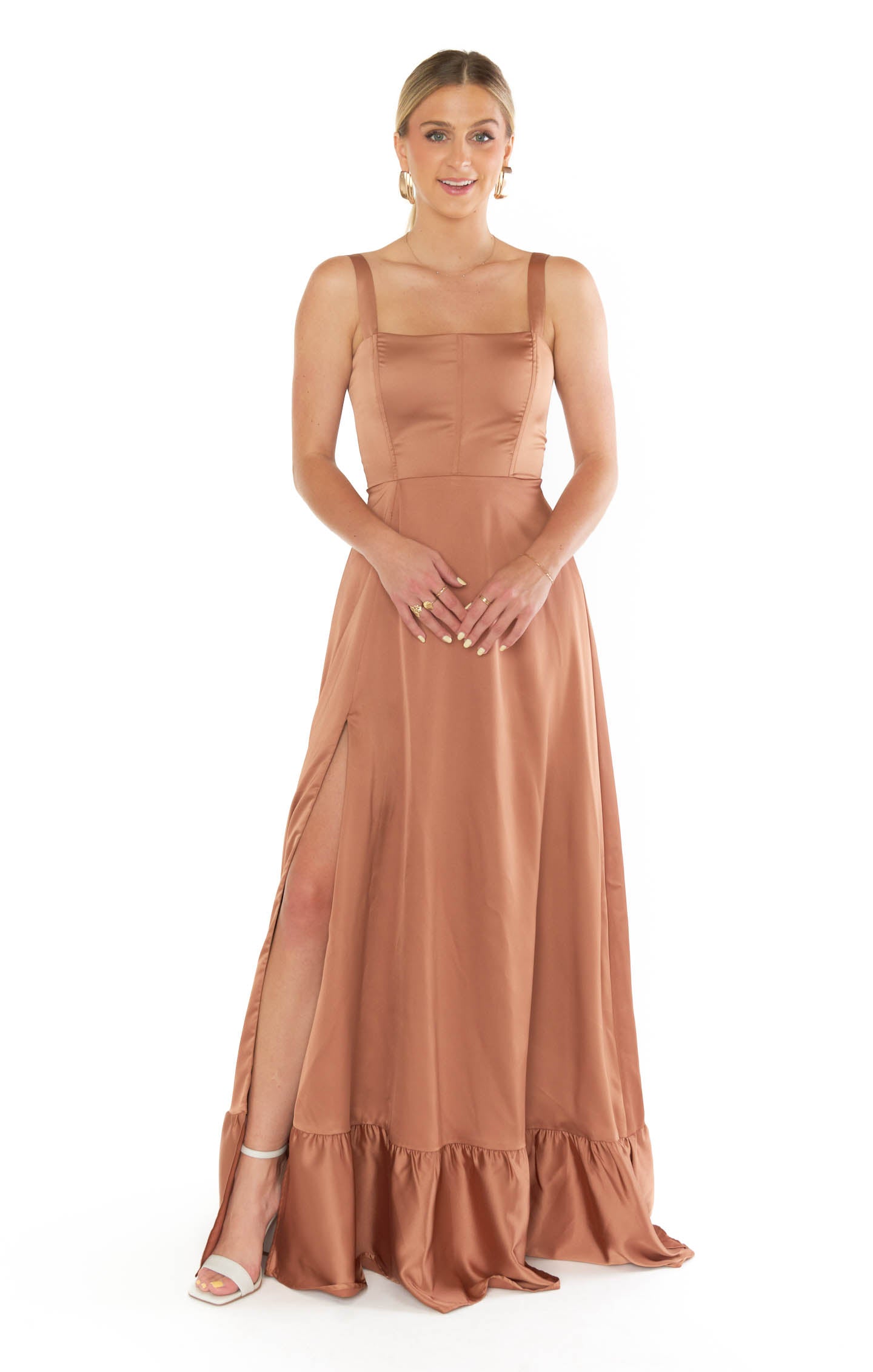 Copper Satin Corset Dress with Side Slit | Clarissa Maxi Dress