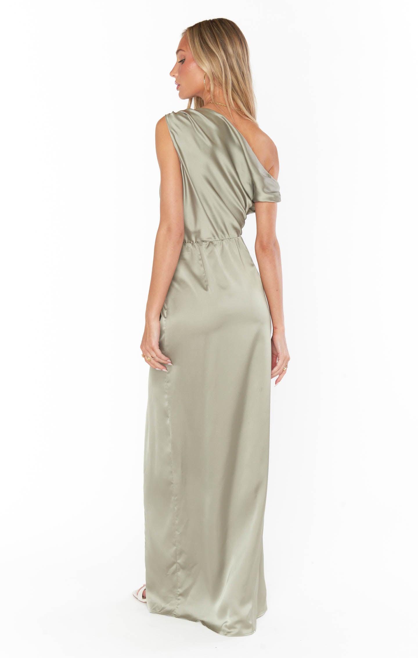 Luxe Satin Jodie Dress with Draped Neckline & Side Slit | Moss Green