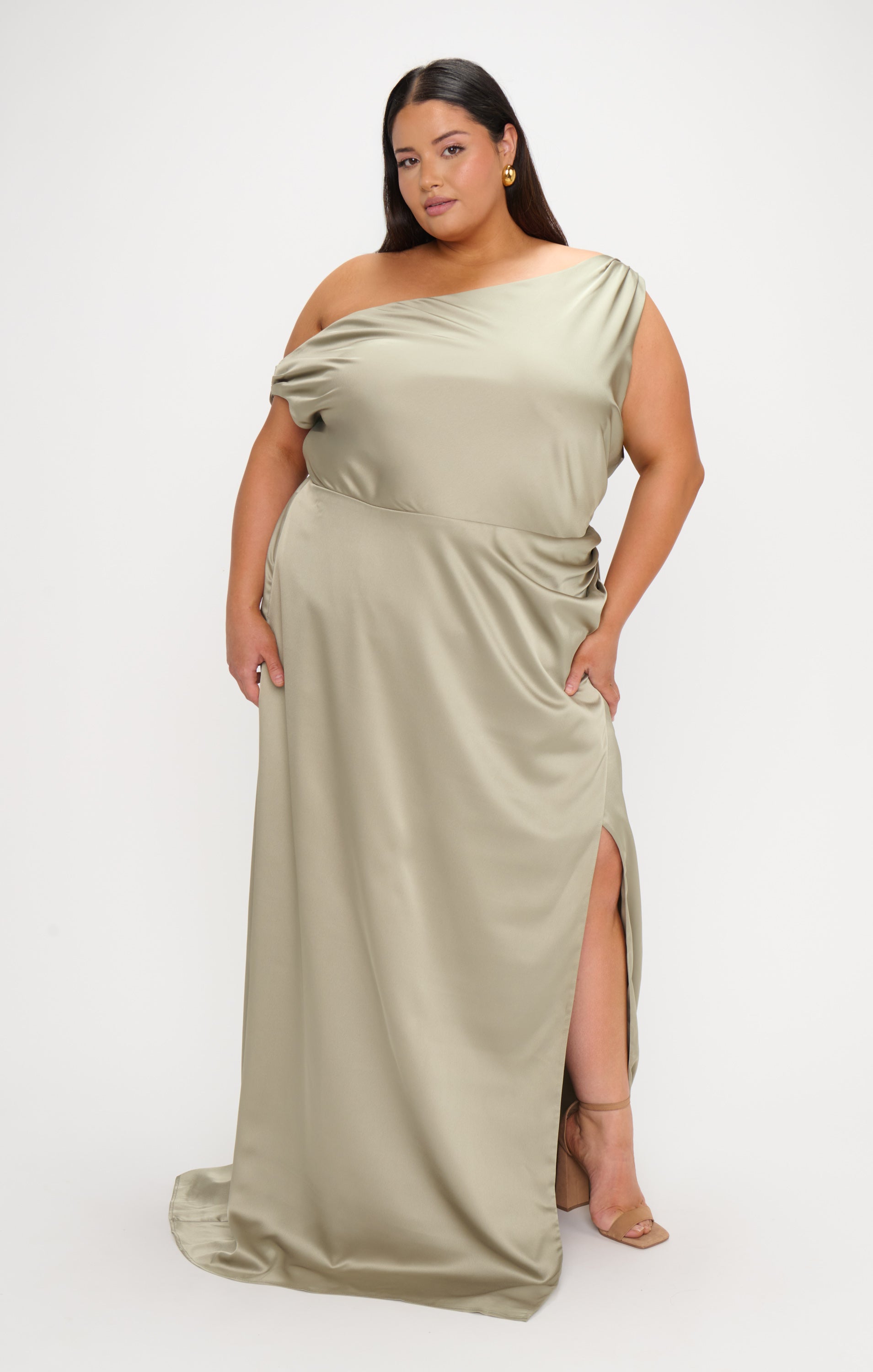 Luxe Satin Jodie Dress with Draped Neckline & Side Slit | Moss Green