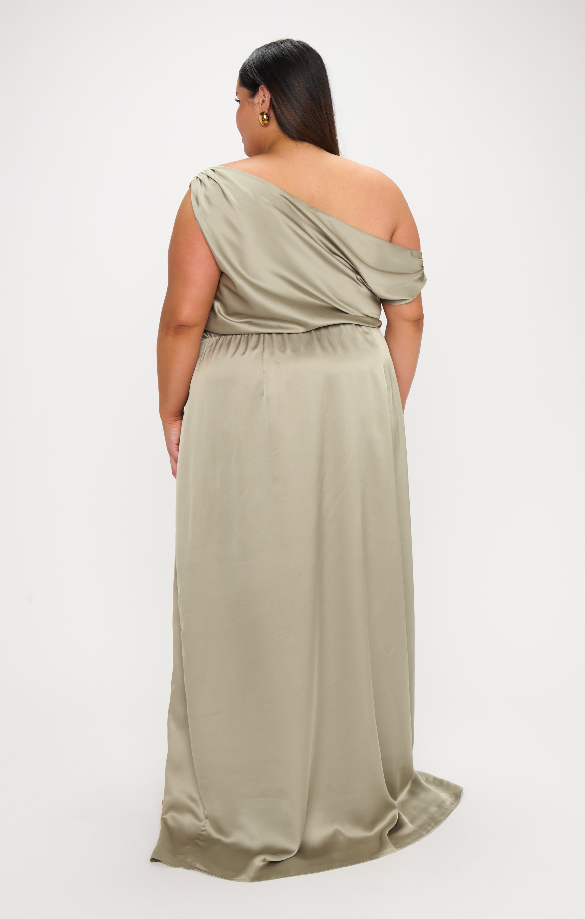 Luxe Satin Jodie Dress with Draped Neckline & Side Slit | Moss Green