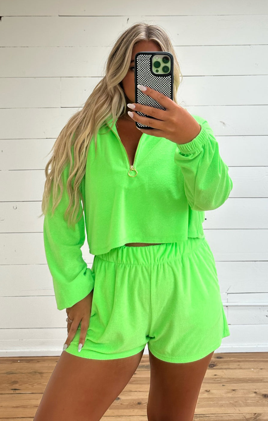 Neon Green Cropped Pullover with Quarter Zip | Spano Terry