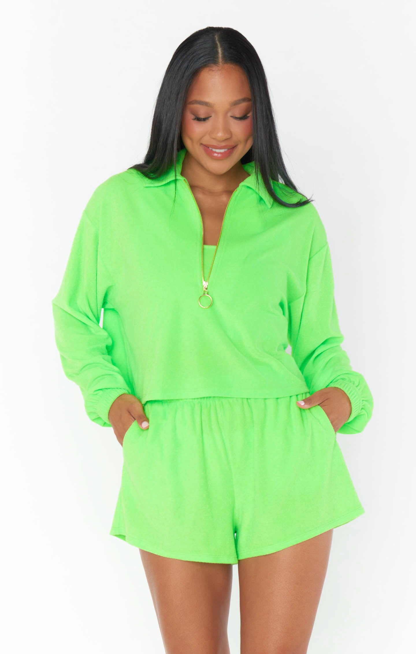 Neon Green Cropped Pullover with Quarter Zip | Spano Terry