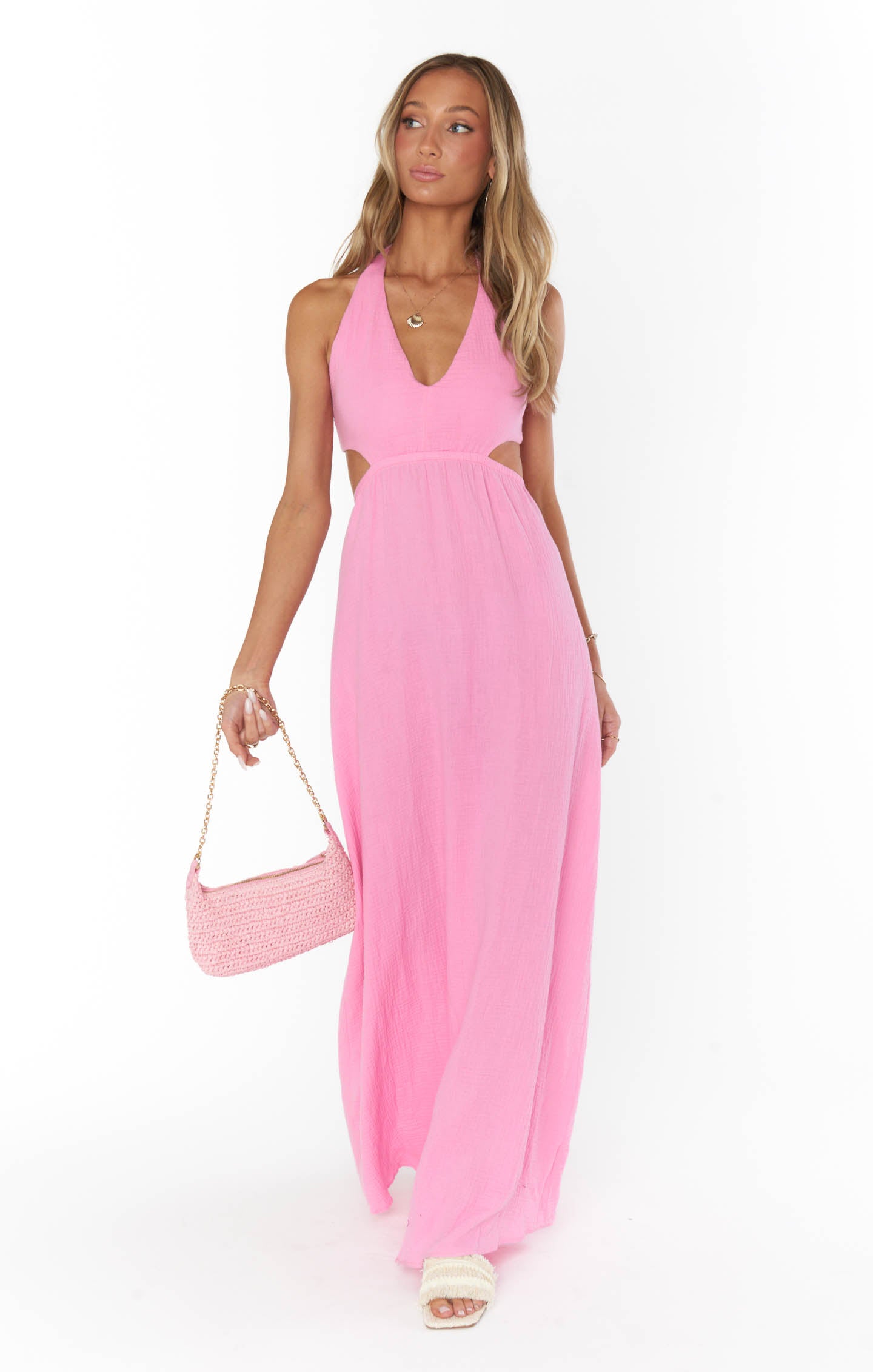Marisol Maxi Dress with V-Neck & Side Cutouts | Bubblegum Gauze