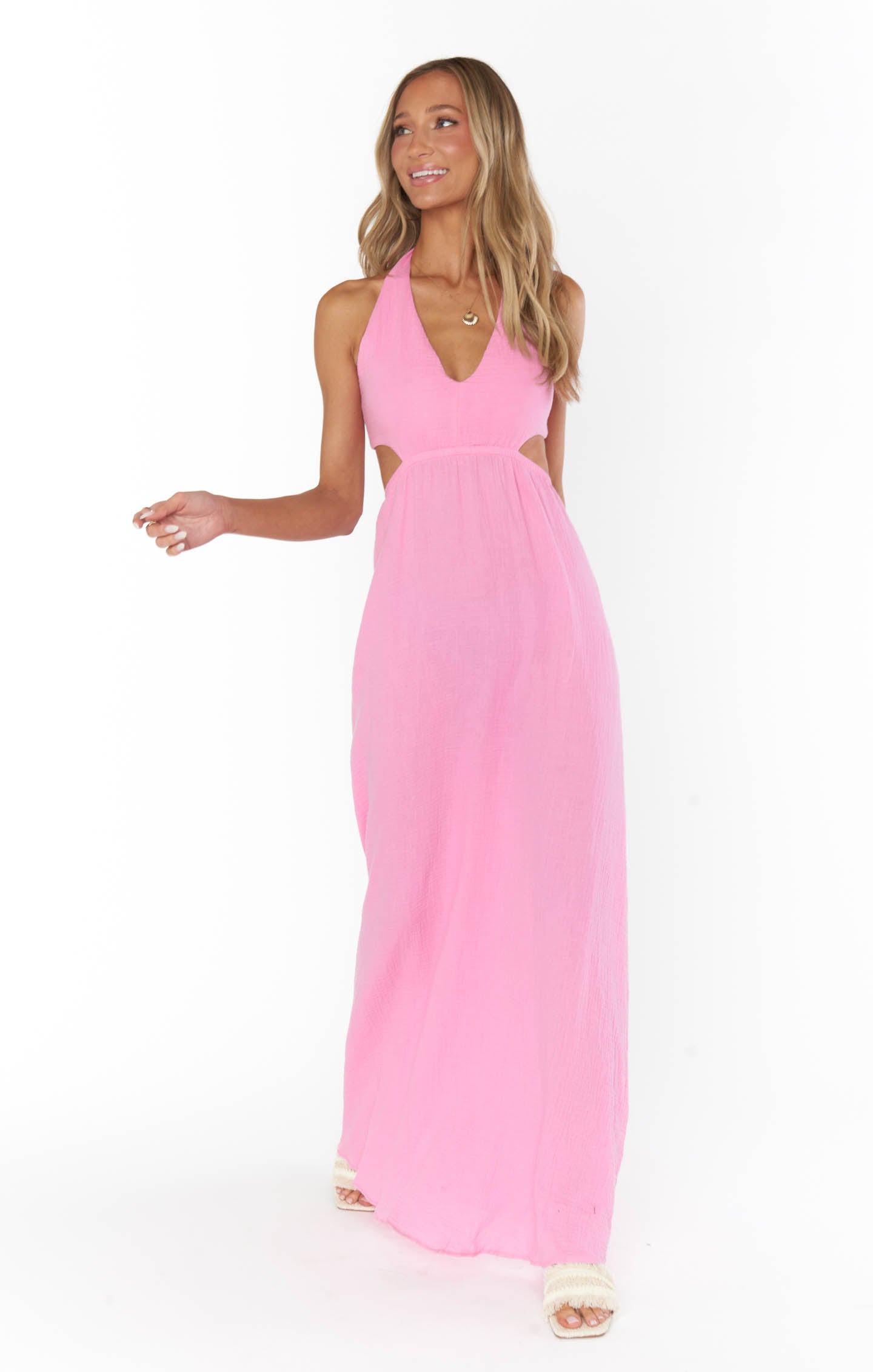 Marisol Maxi Dress with V-Neck & Side Cutouts | Bubblegum Gauze