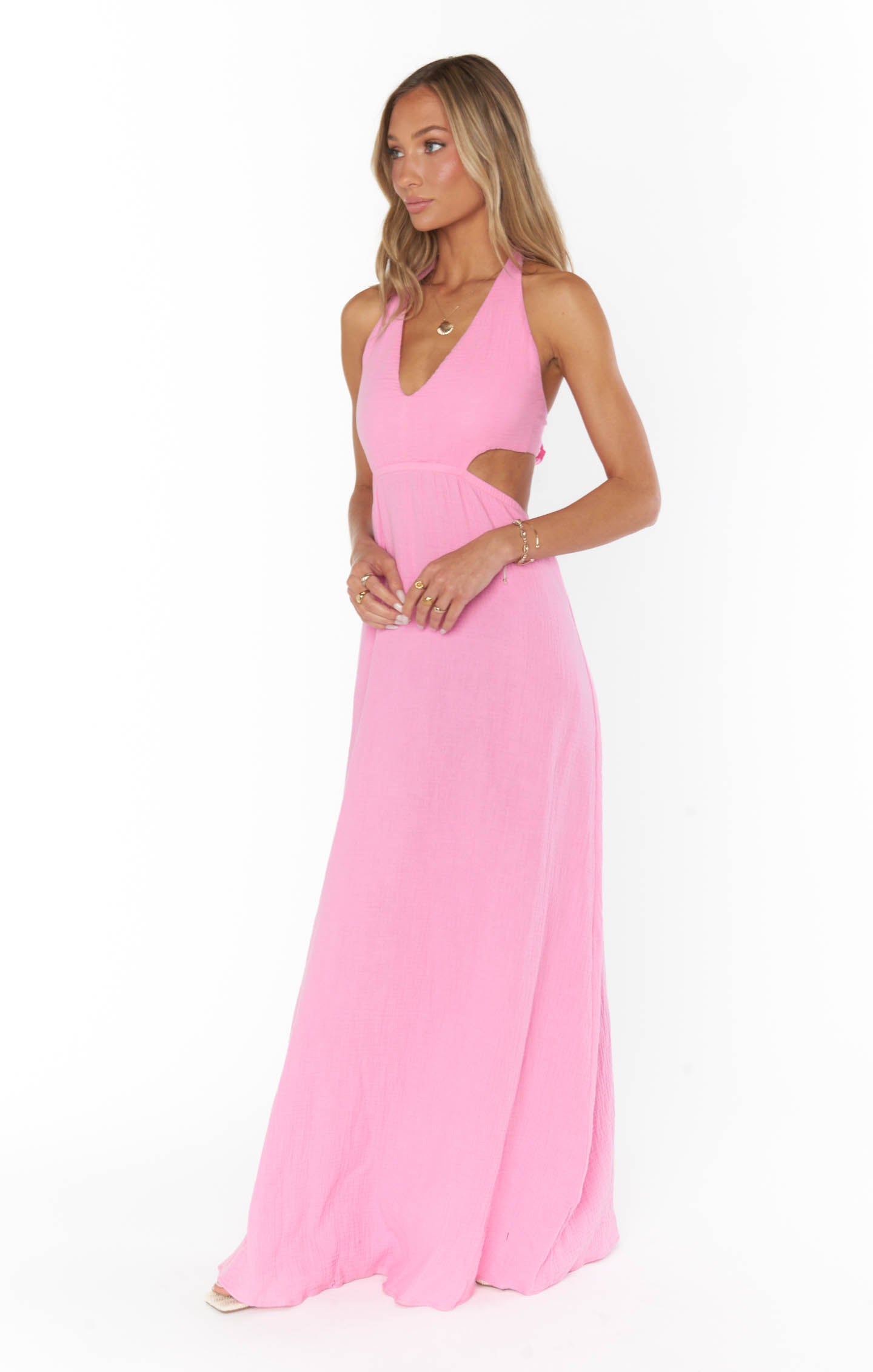 Marisol Maxi Dress with V-Neck & Side Cutouts | Bubblegum Gauze
