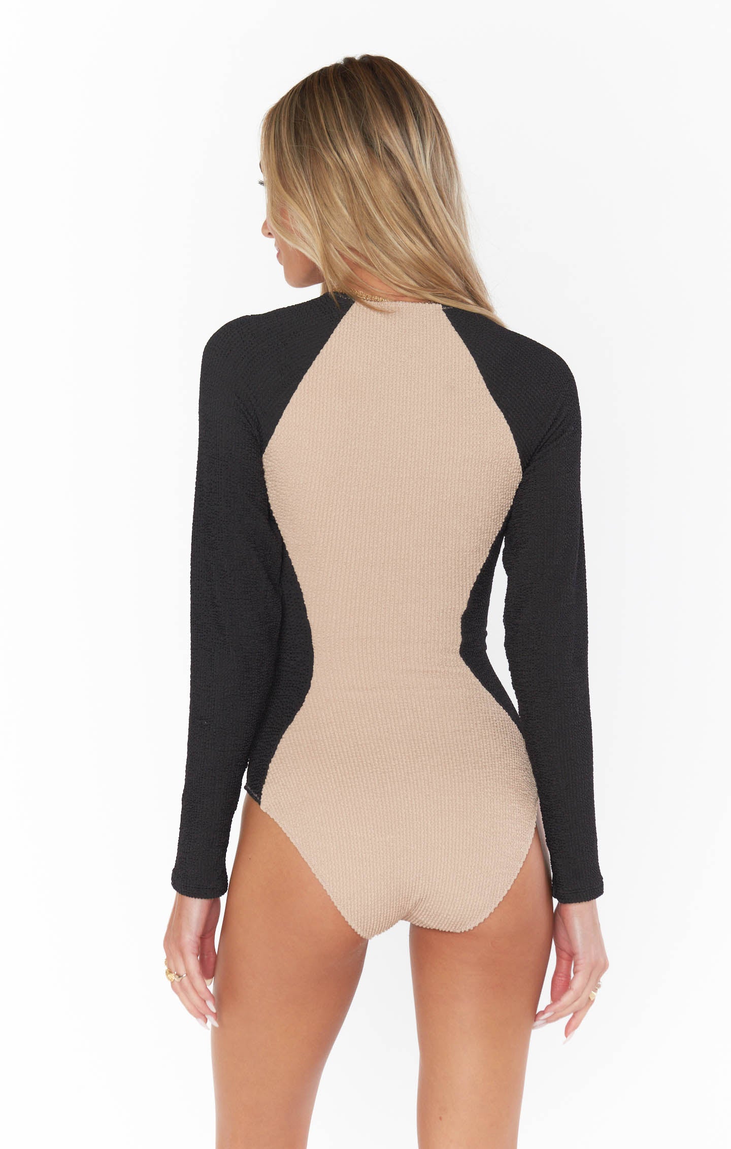 Long Sleeve One Piece Swimsuit | Mocha Latte Colorblock & Scrunch | Surfside