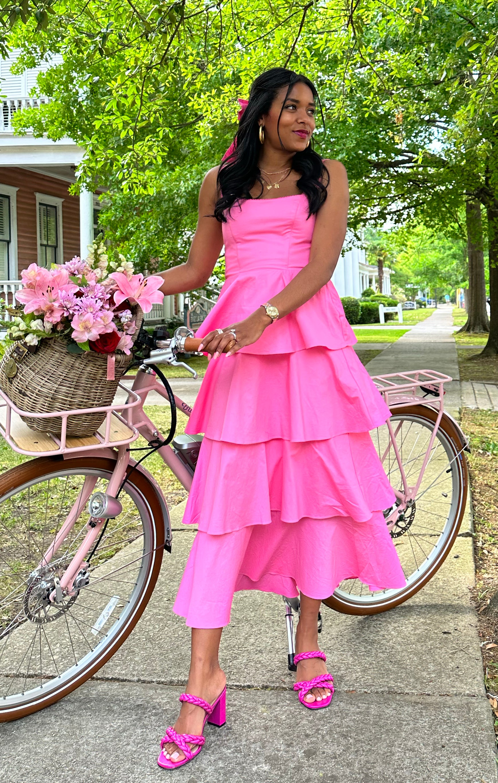 Pink Poplin Midi Dress with Tiered Ruffles | Meg by Shades of Pinck