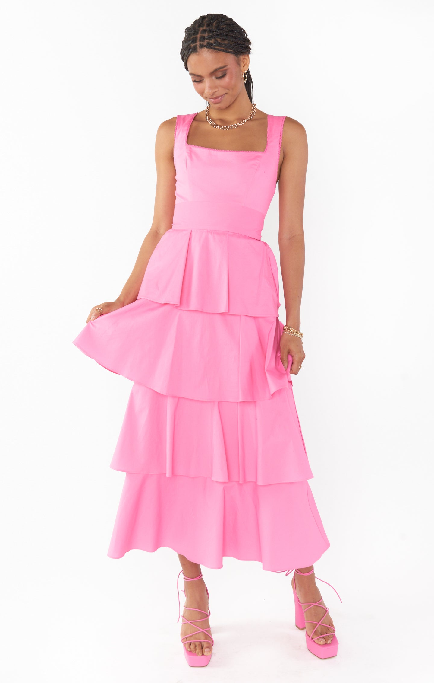 Pink Poplin Midi Dress with Tiered Ruffles | Meg by Shades of Pinck