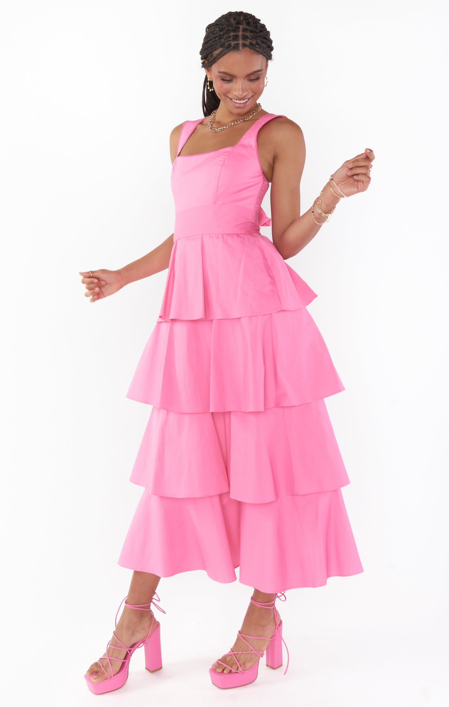 Pink Poplin Midi Dress with Tiered Ruffles | Meg by Shades of Pinck