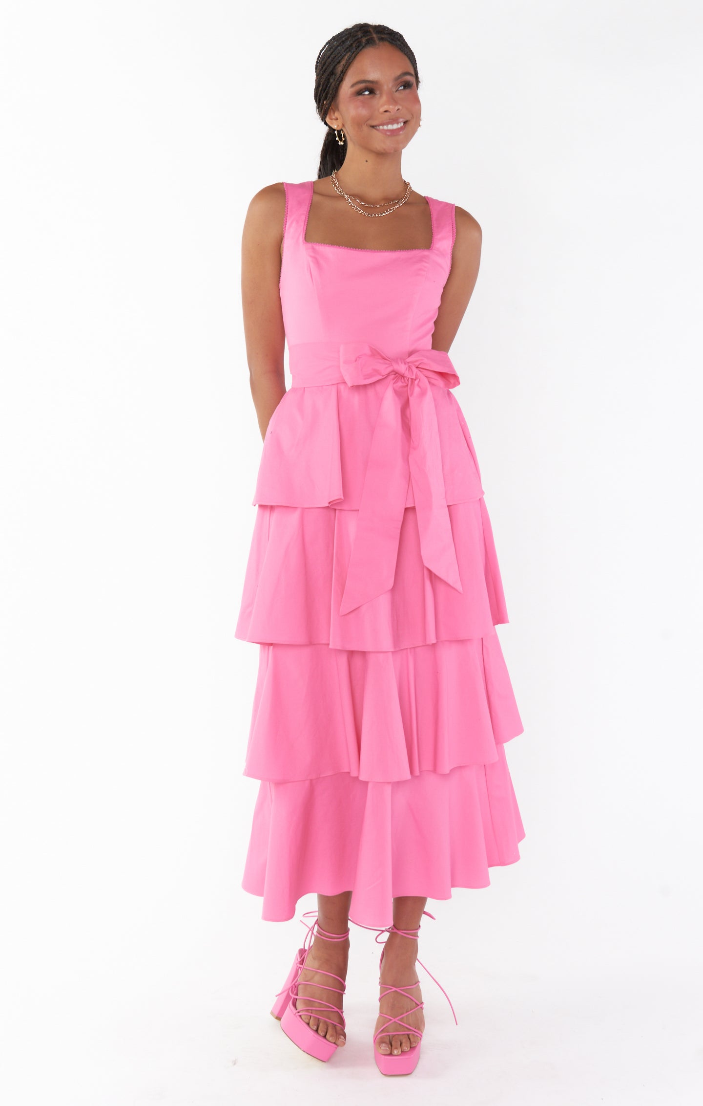 Pink Poplin Midi Dress with Tiered Ruffles | Meg by Shades of Pinck