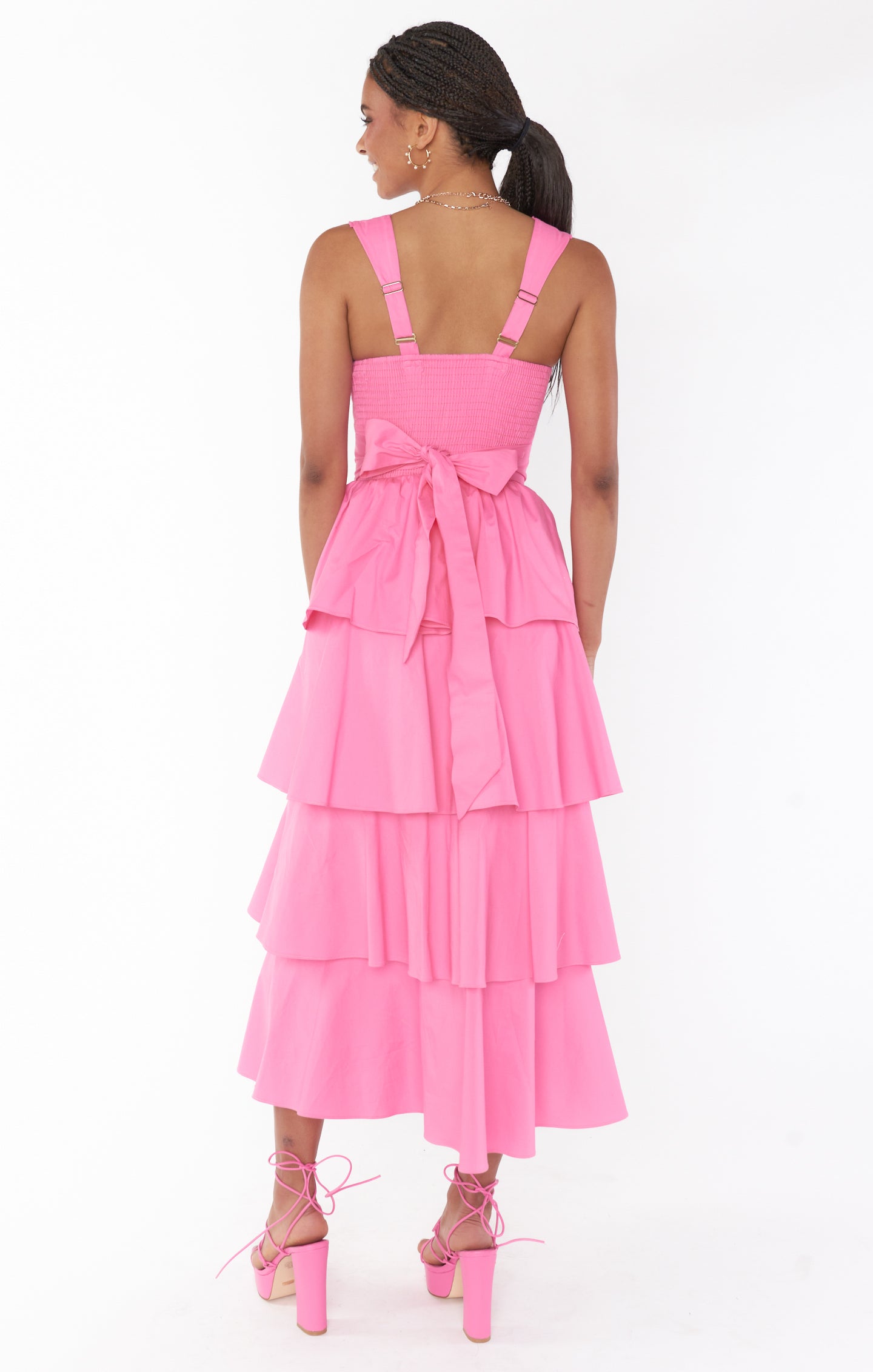 Pink Poplin Midi Dress with Tiered Ruffles | Meg by Shades of Pinck