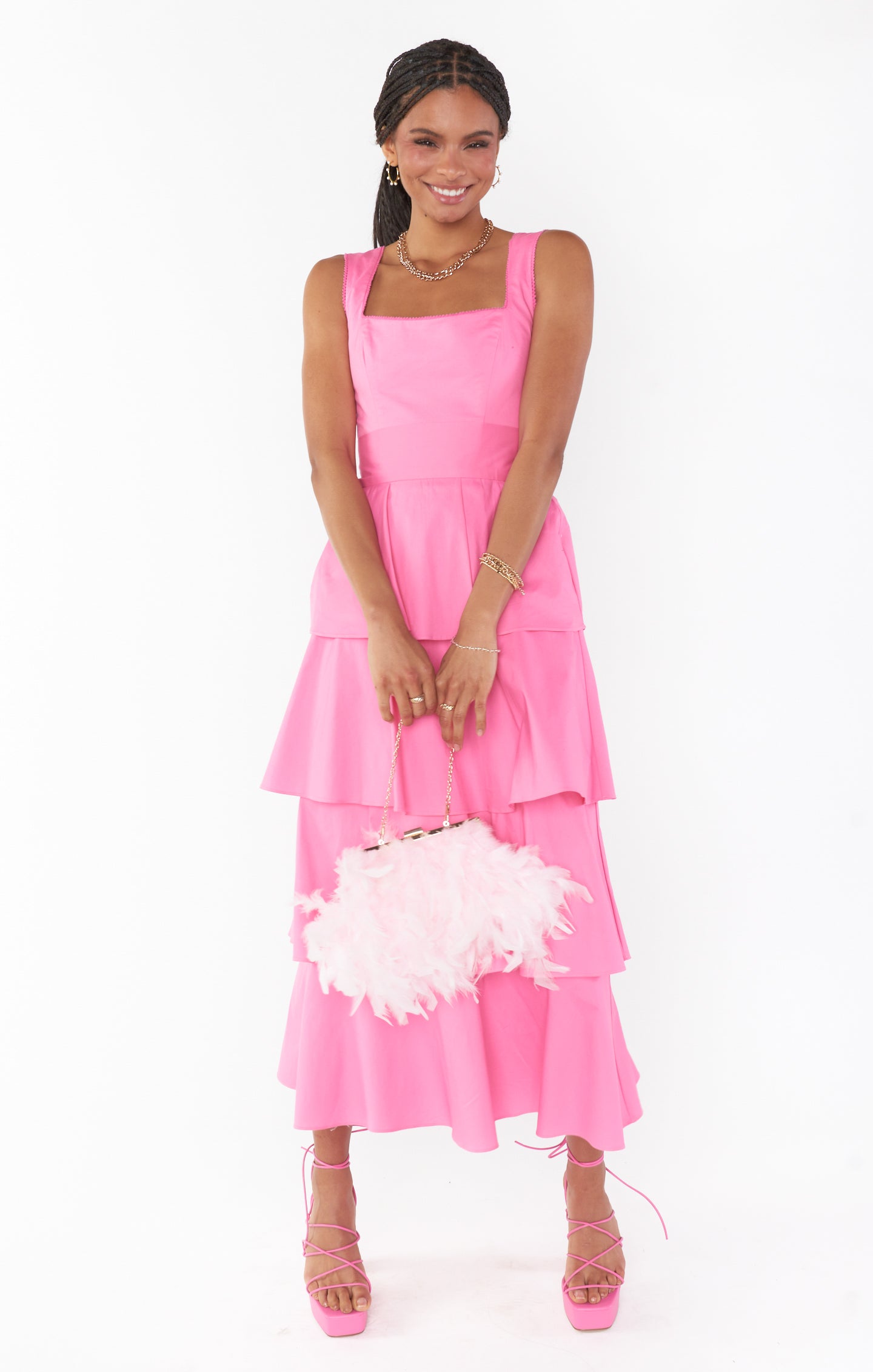Pink Poplin Midi Dress with Tiered Ruffles | Meg by Shades of Pinck