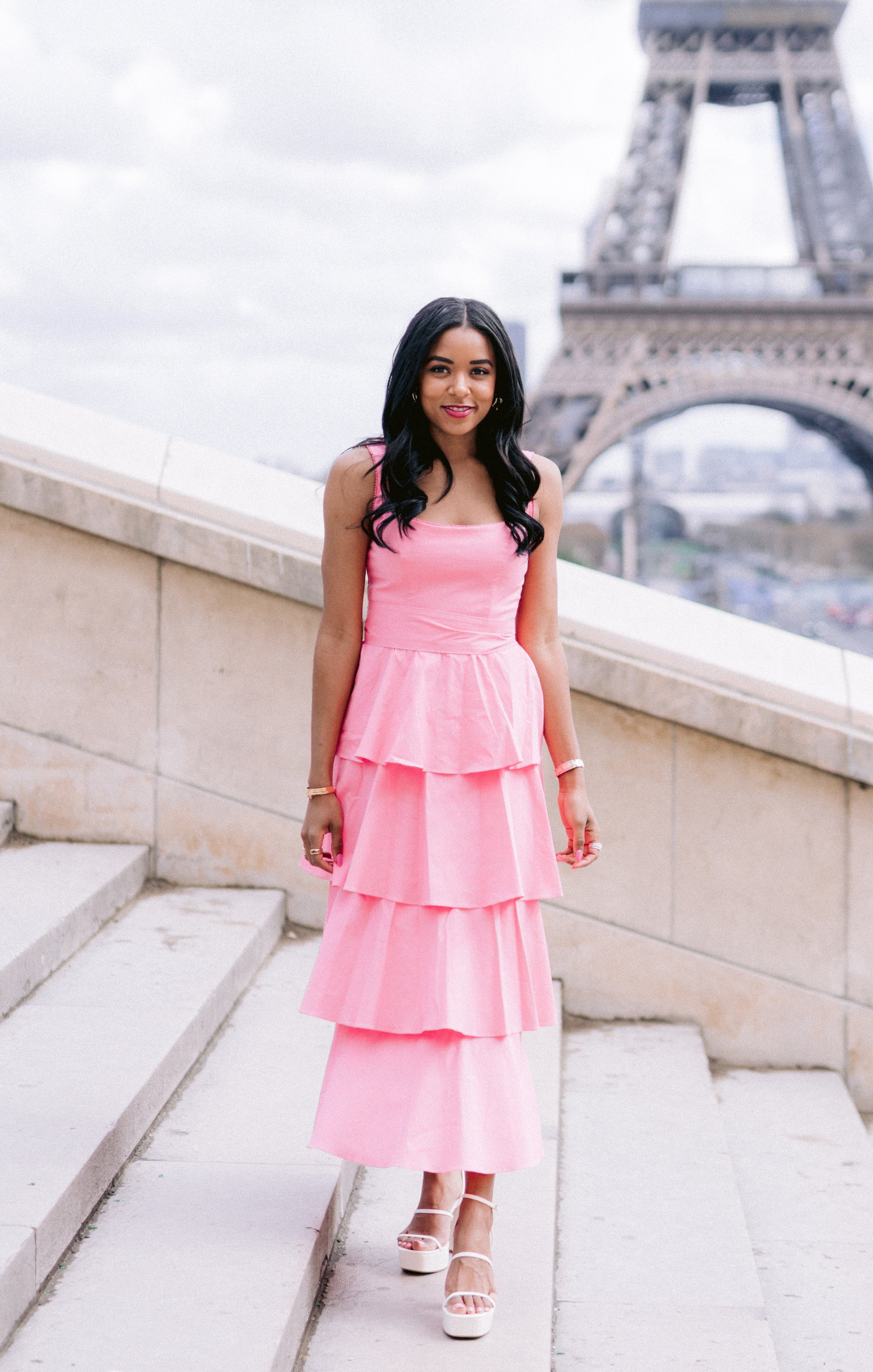 Pink Poplin Midi Dress with Tiered Ruffles | Meg by Shades of Pinck