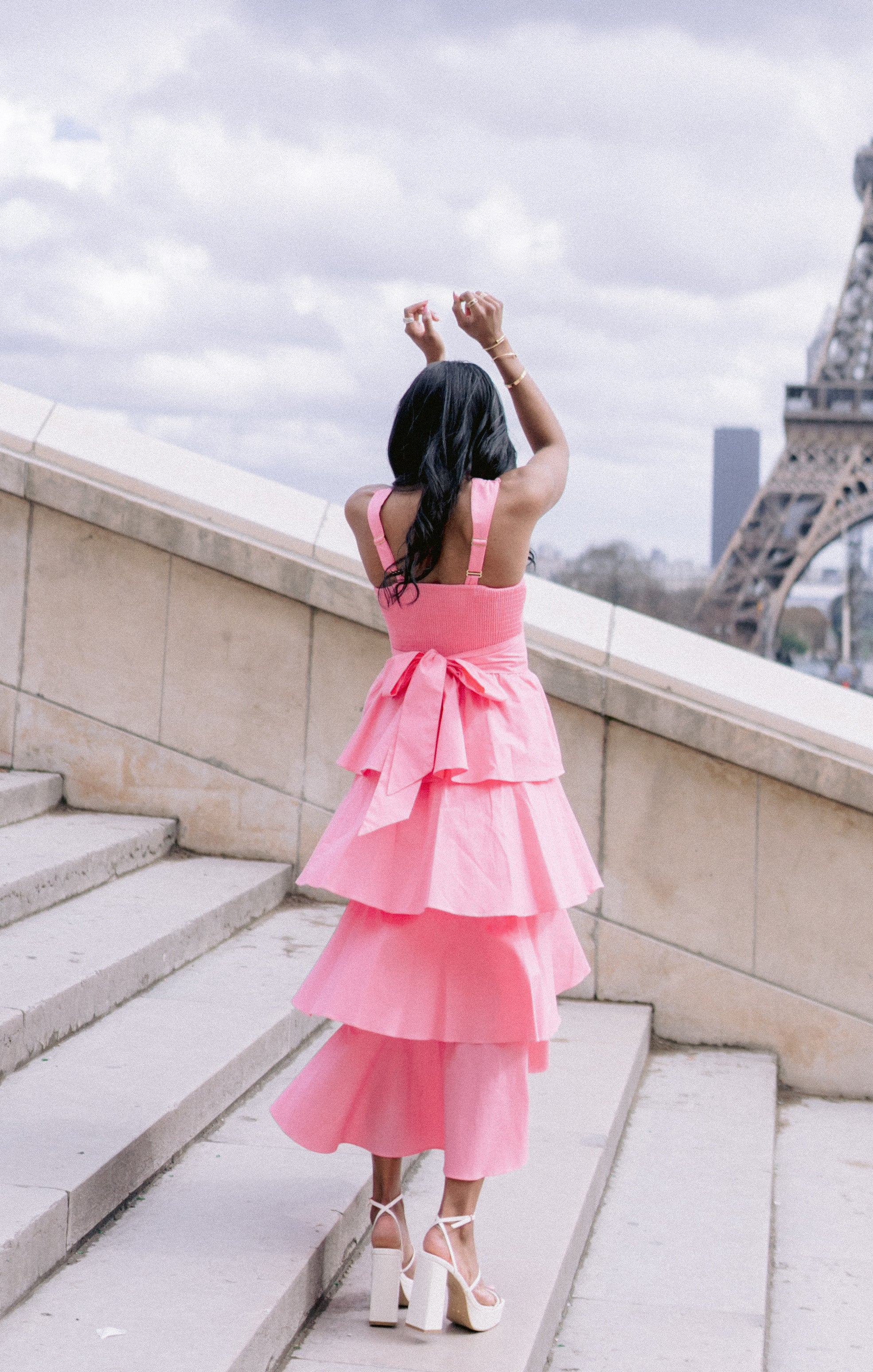 Pink Poplin Midi Dress with Tiered Ruffles | Meg by Shades of Pinck