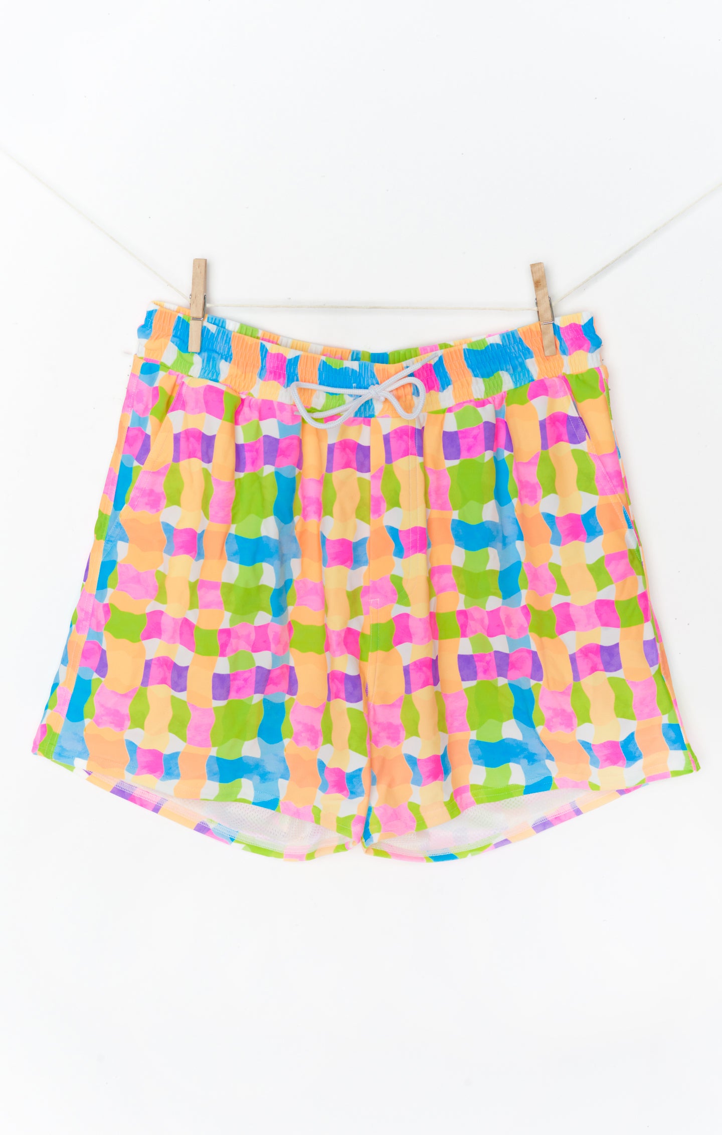 Neon Checker Swim Trunks with Drawstring Waist | Man Mu