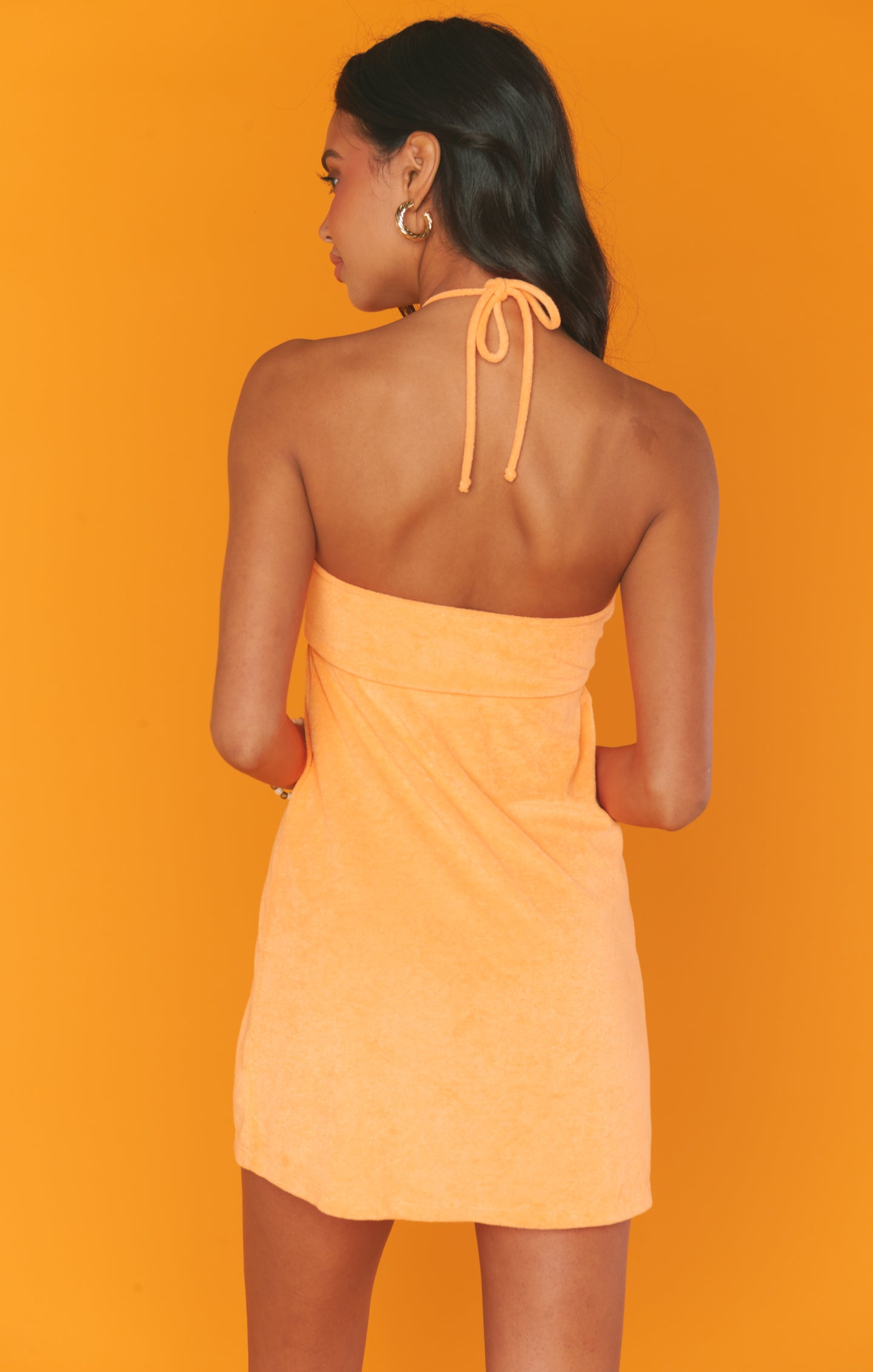 Orange Terry Mini Dress with Halter Neck & Deep V | Outgoing