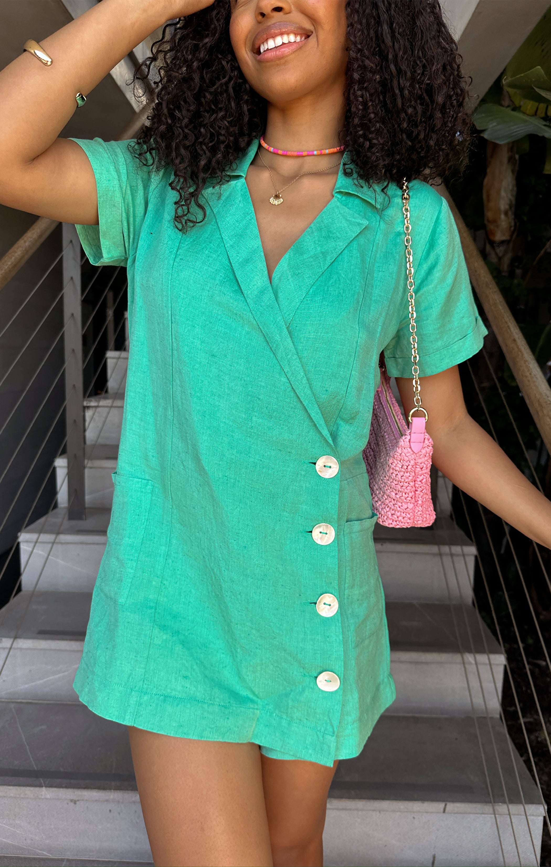 Seafoam Linen Blazer Romper with Pockets | Bicoastal