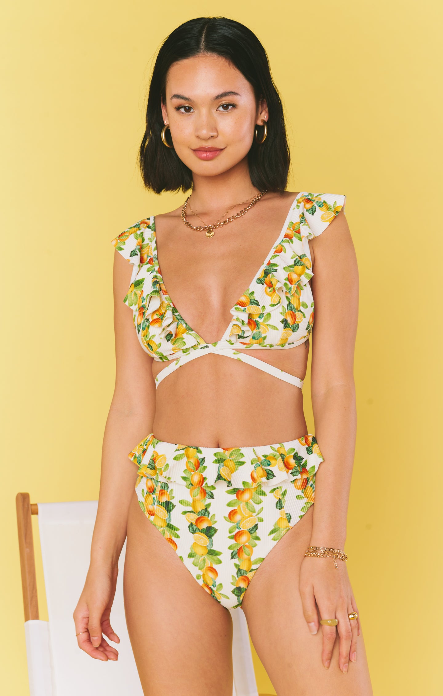 Vintage Citrus Print High Waisted Swim Bottom with Ruffles | Sorrento