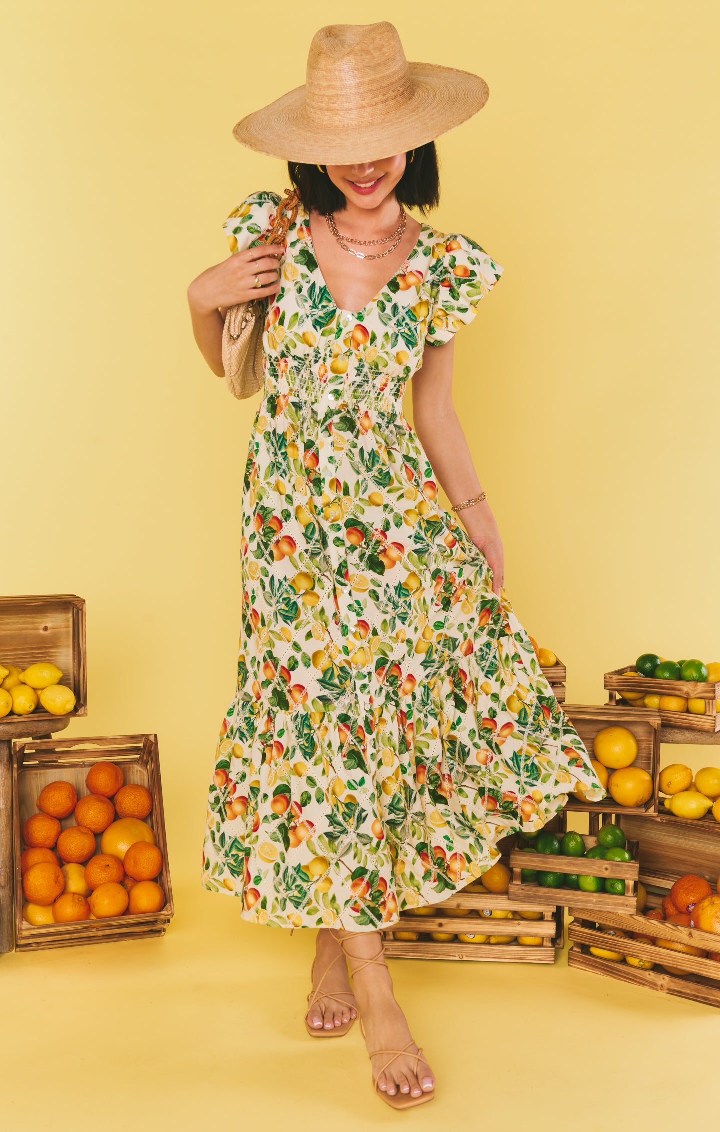 Citrus Print Summer Midi Dress with Smocked Waist | Lunch Date