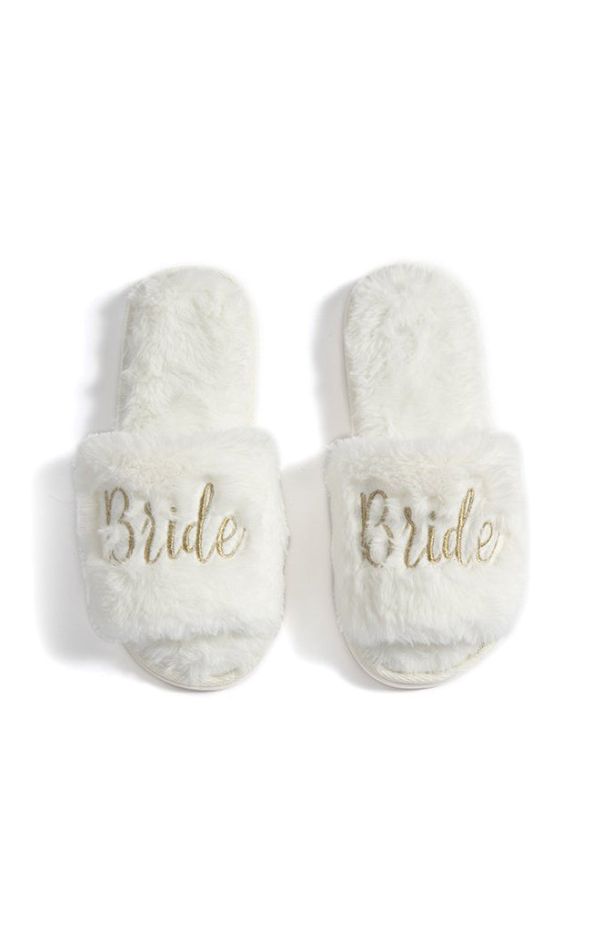 Bride Fuzzy Slippers White & Gold for Wedding Day | Cozy Comfort