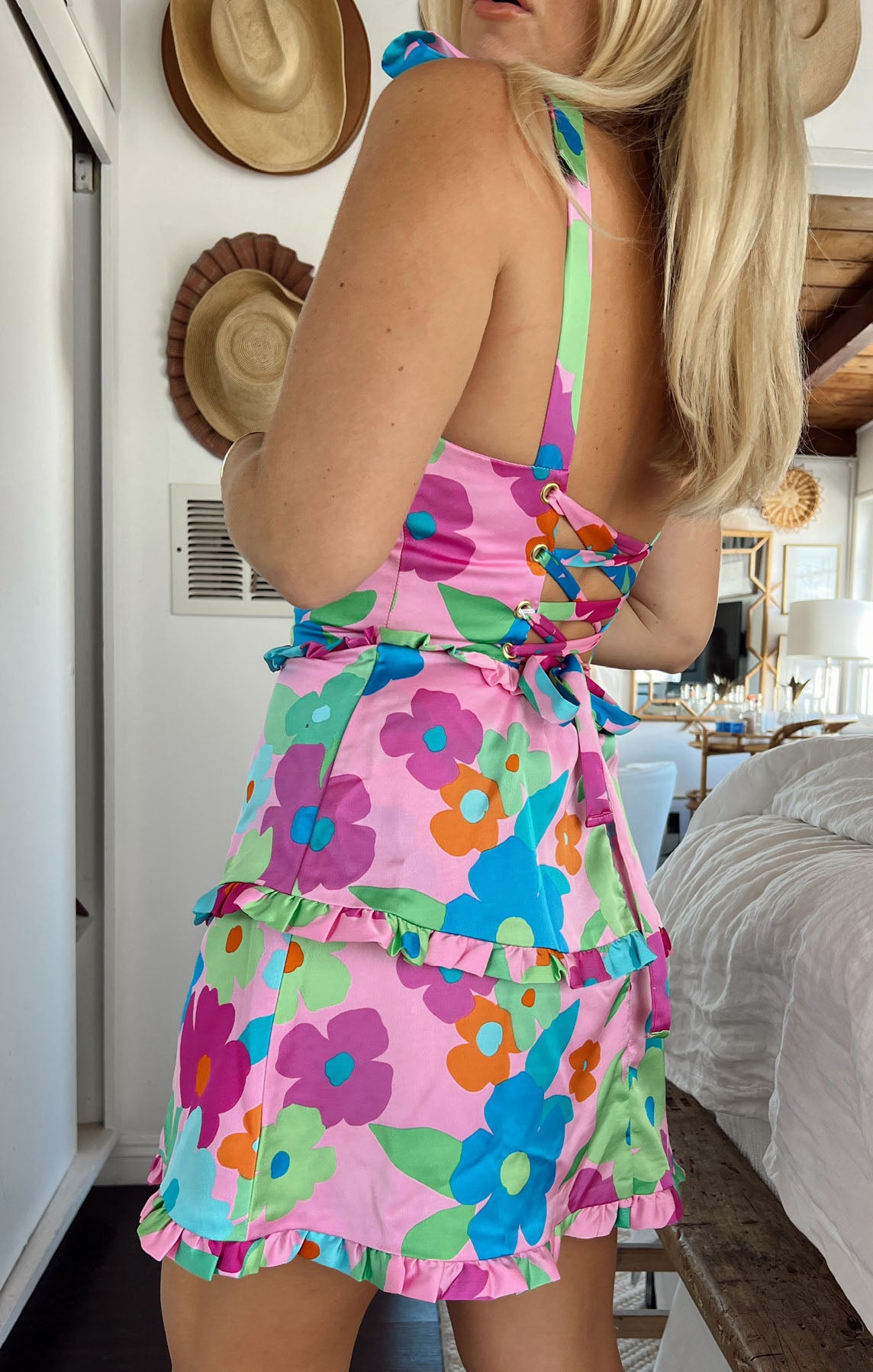 Floral Corset Mini Dress with Adjustable Bodice | Pink Piccadilly