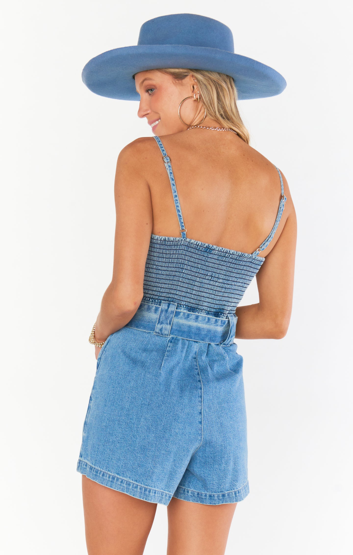 Denim Romper with Smocked Back & Adjustable Straps | Sloane