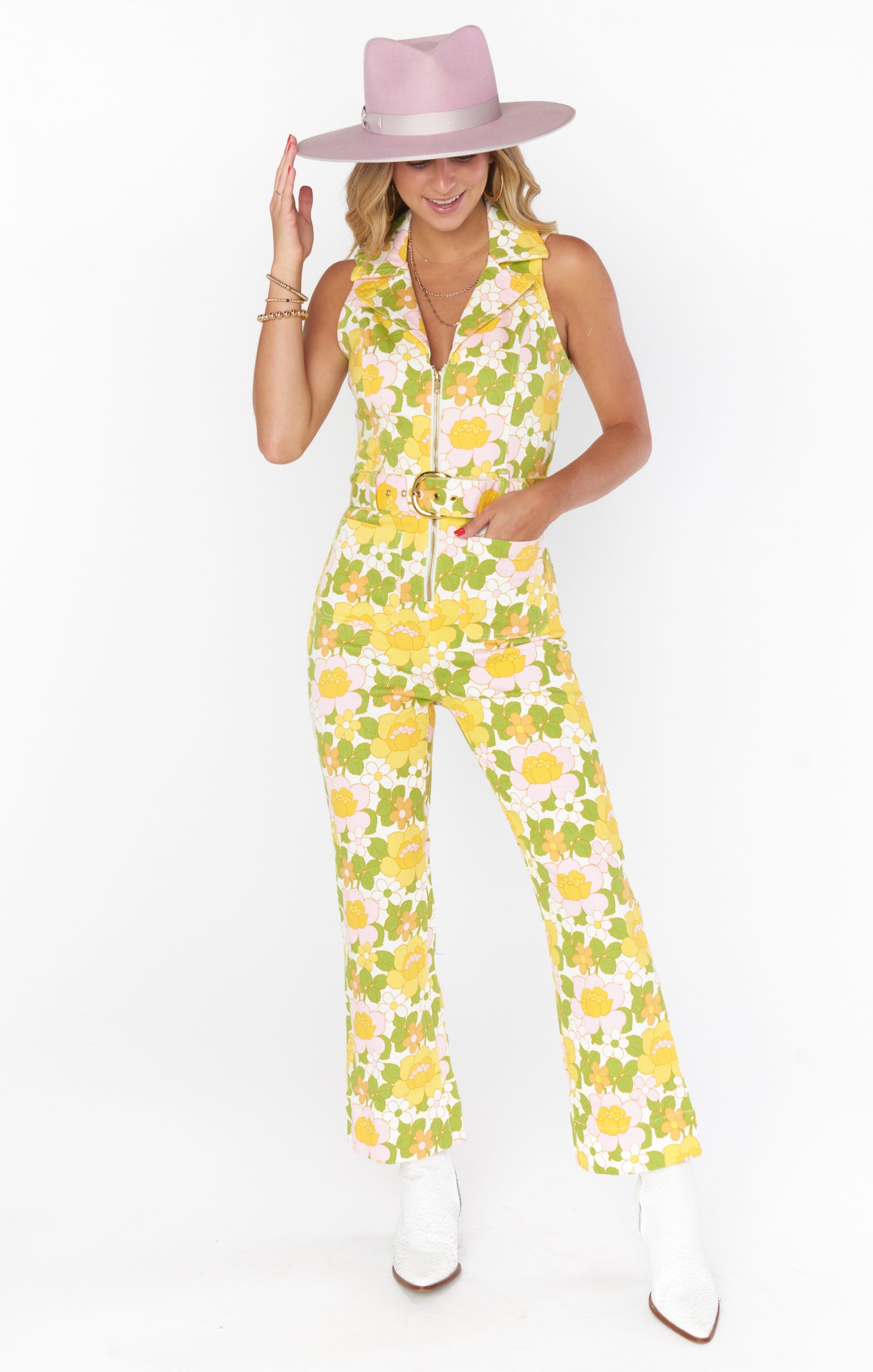 Floral Denim Cropped Jumpsuit with Belted Waist | Jacksonville