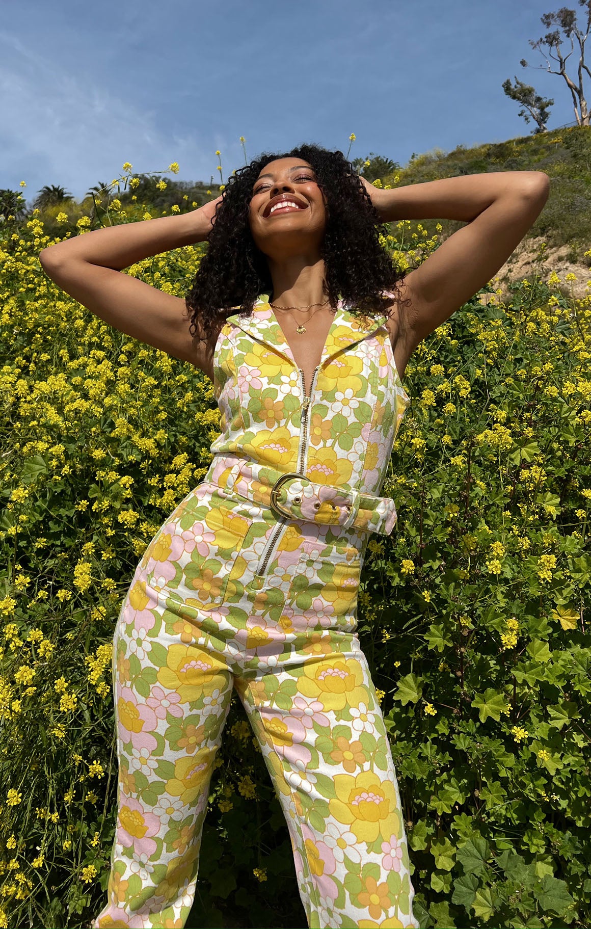 Floral Denim Cropped Jumpsuit with Belted Waist | Jacksonville
