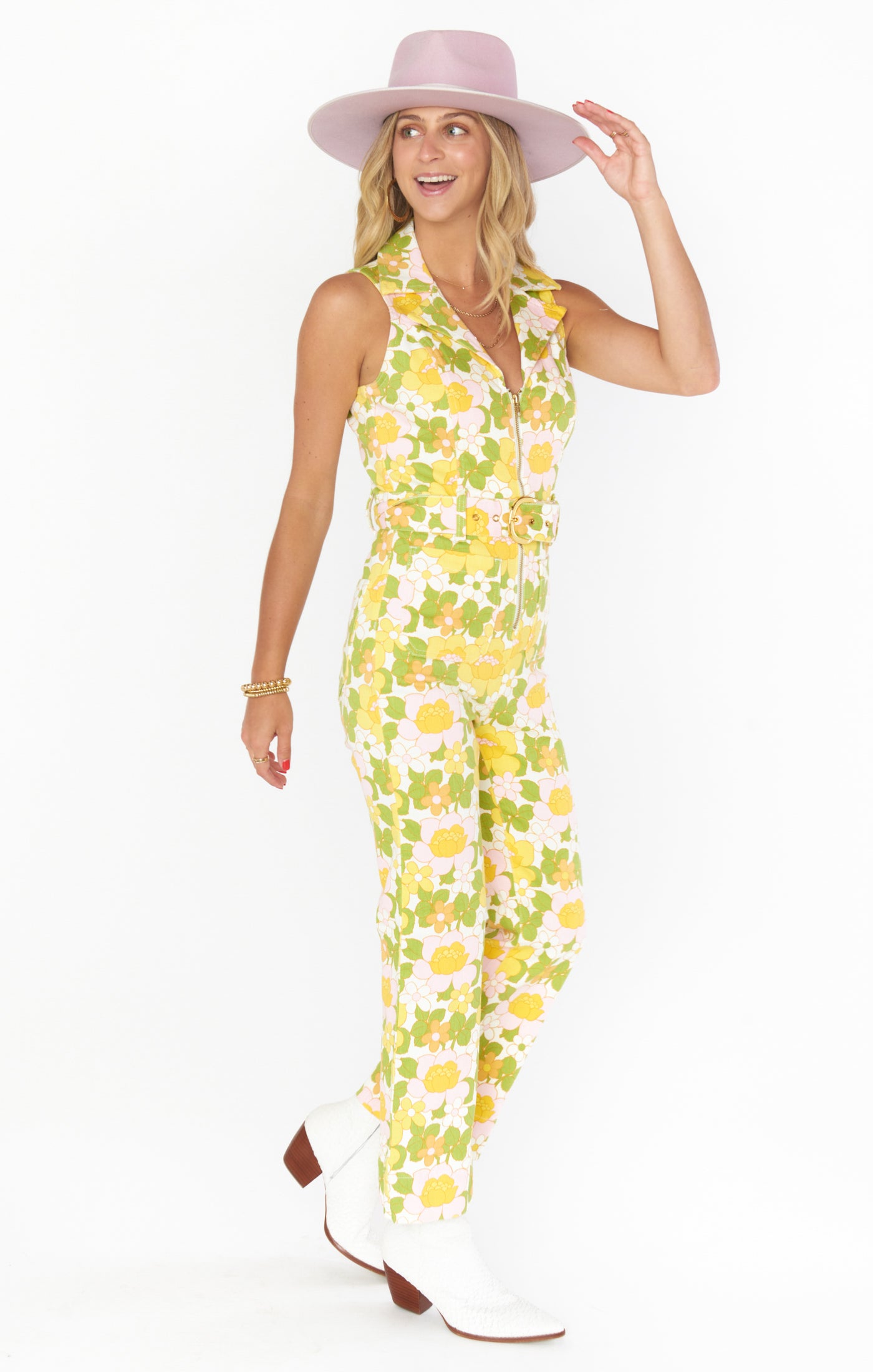 Floral Denim Cropped Jumpsuit with Belted Waist | Jacksonville