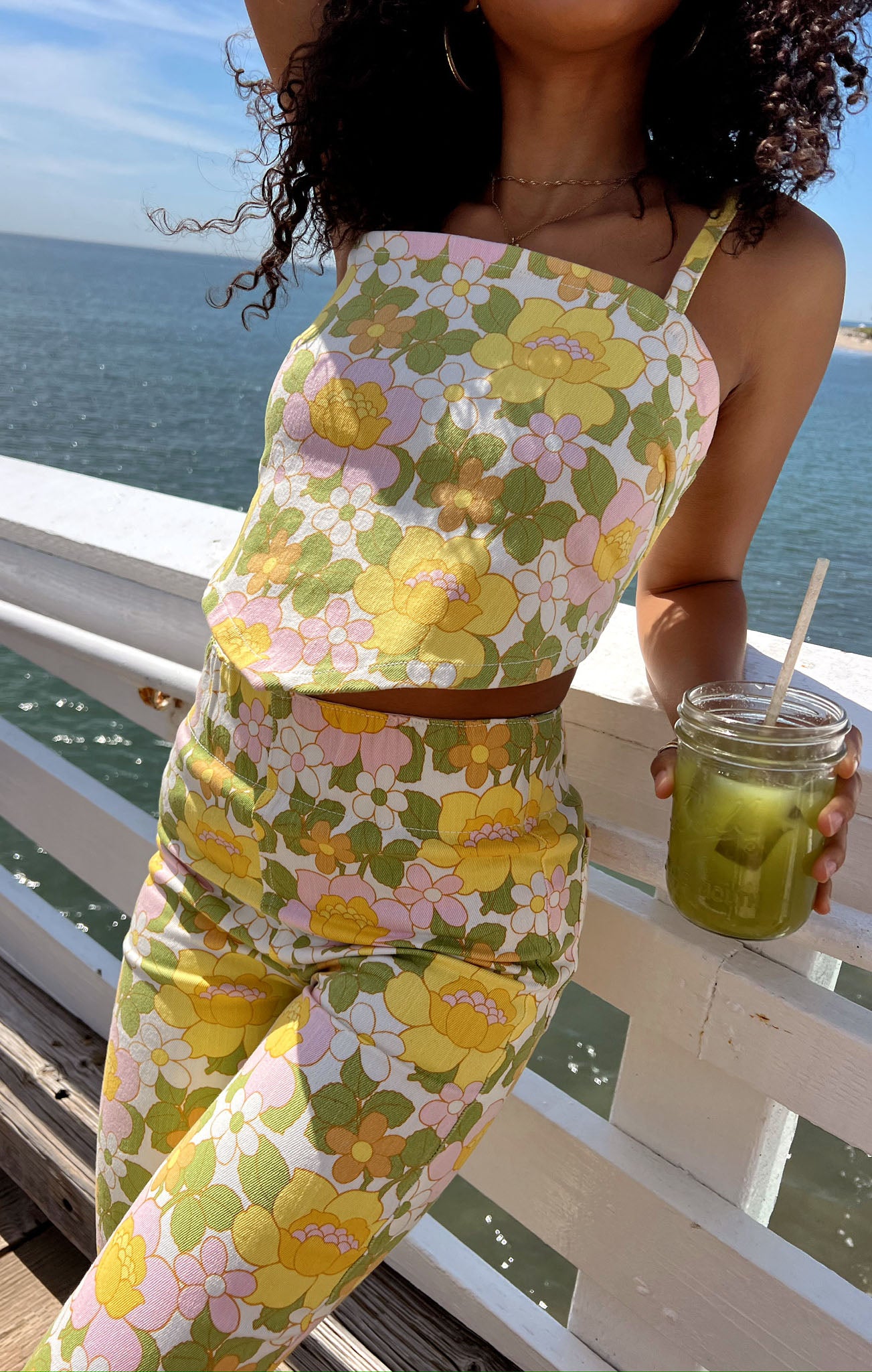 Floral Denim Crop Top with Adjustable Straps | Handkerchief Style