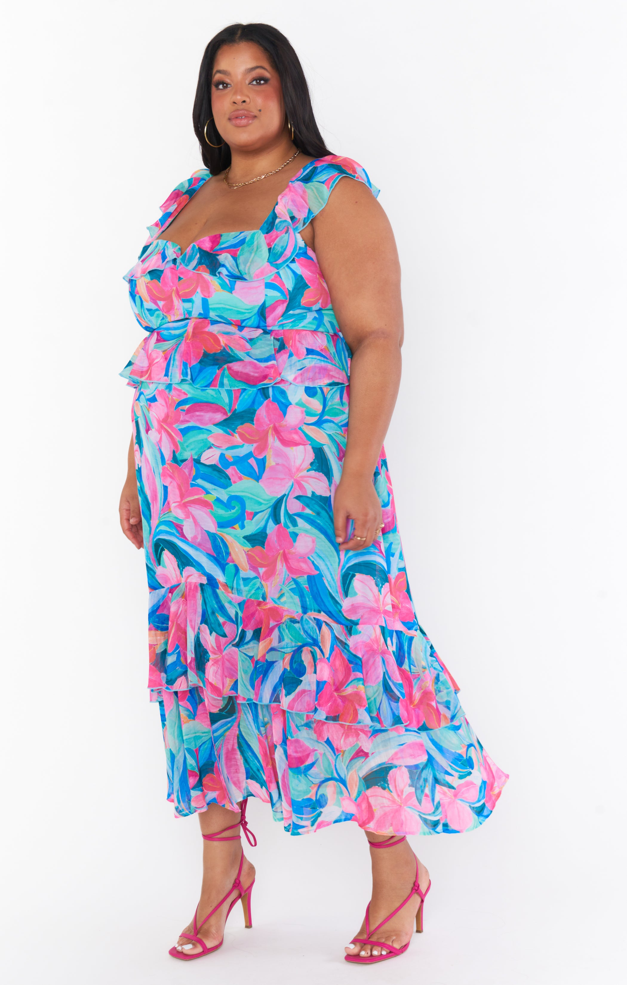 Ruffled Tiered Midi Dress with Flutter Sleeves | Reese Hibiscus Punch