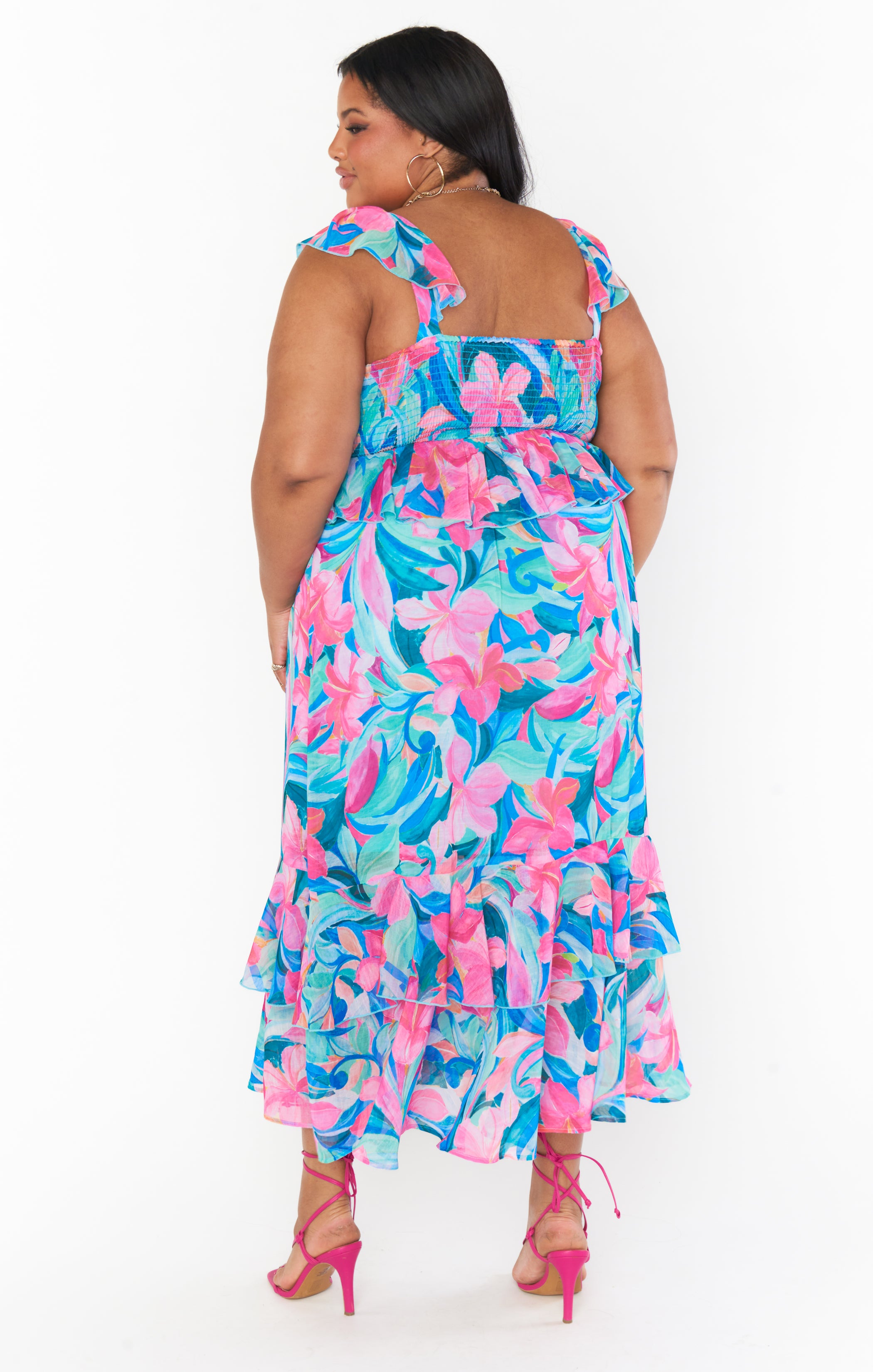Ruffled Tiered Midi Dress with Flutter Sleeves | Reese Hibiscus Punch
