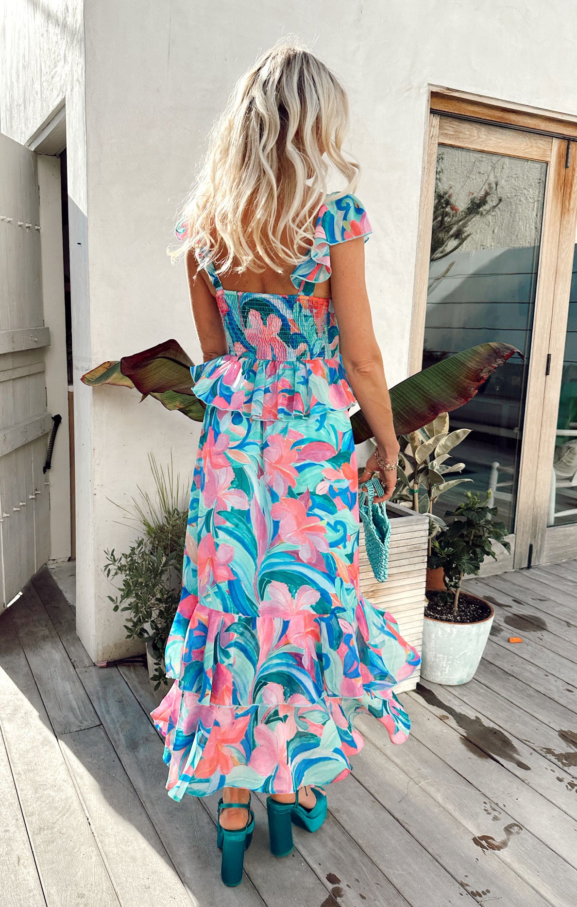 Ruffled Tiered Midi Dress with Flutter Sleeves | Reese Hibiscus Punch