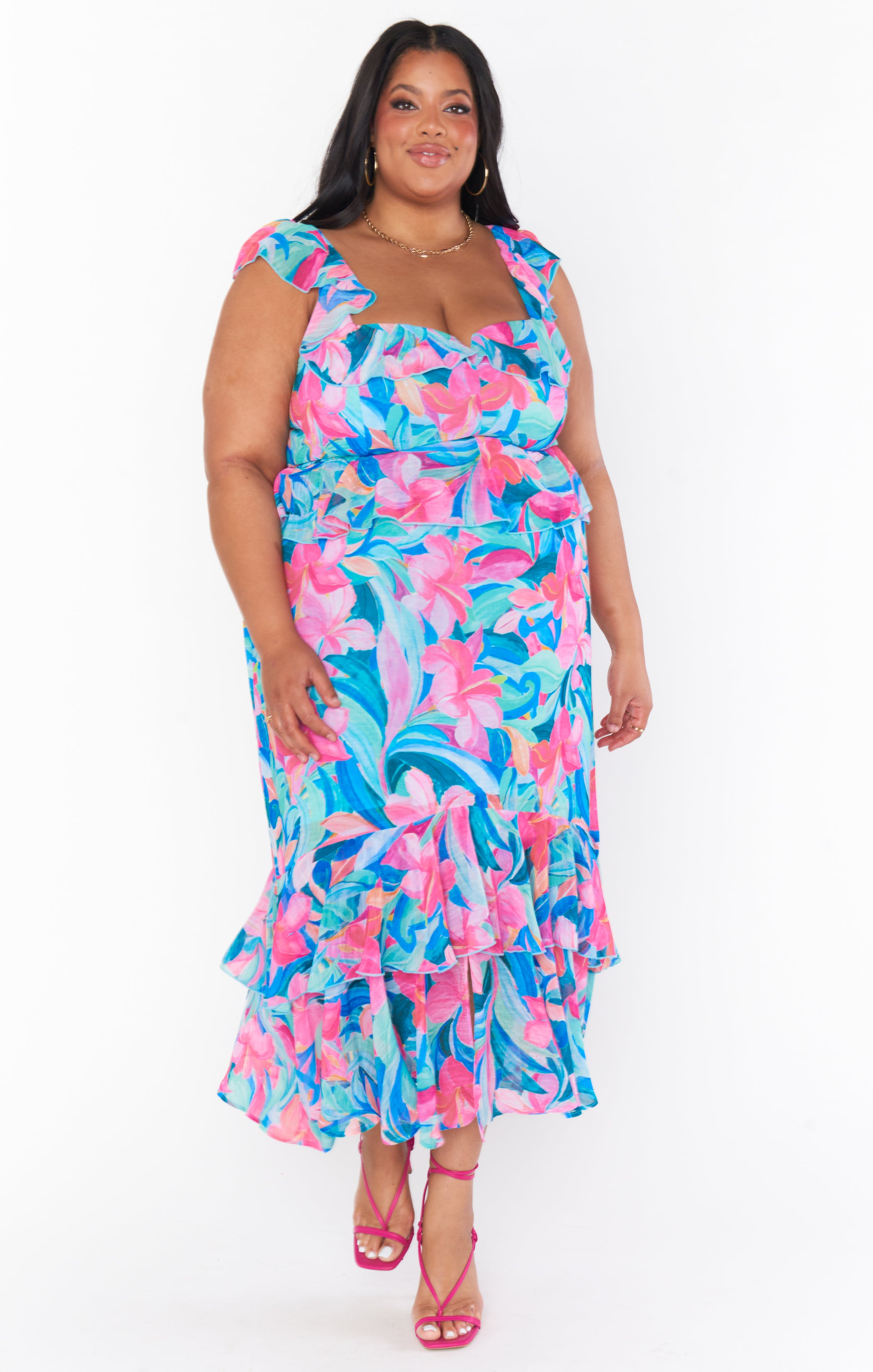 Ruffled Tiered Midi Dress with Flutter Sleeves | Reese Hibiscus Punch