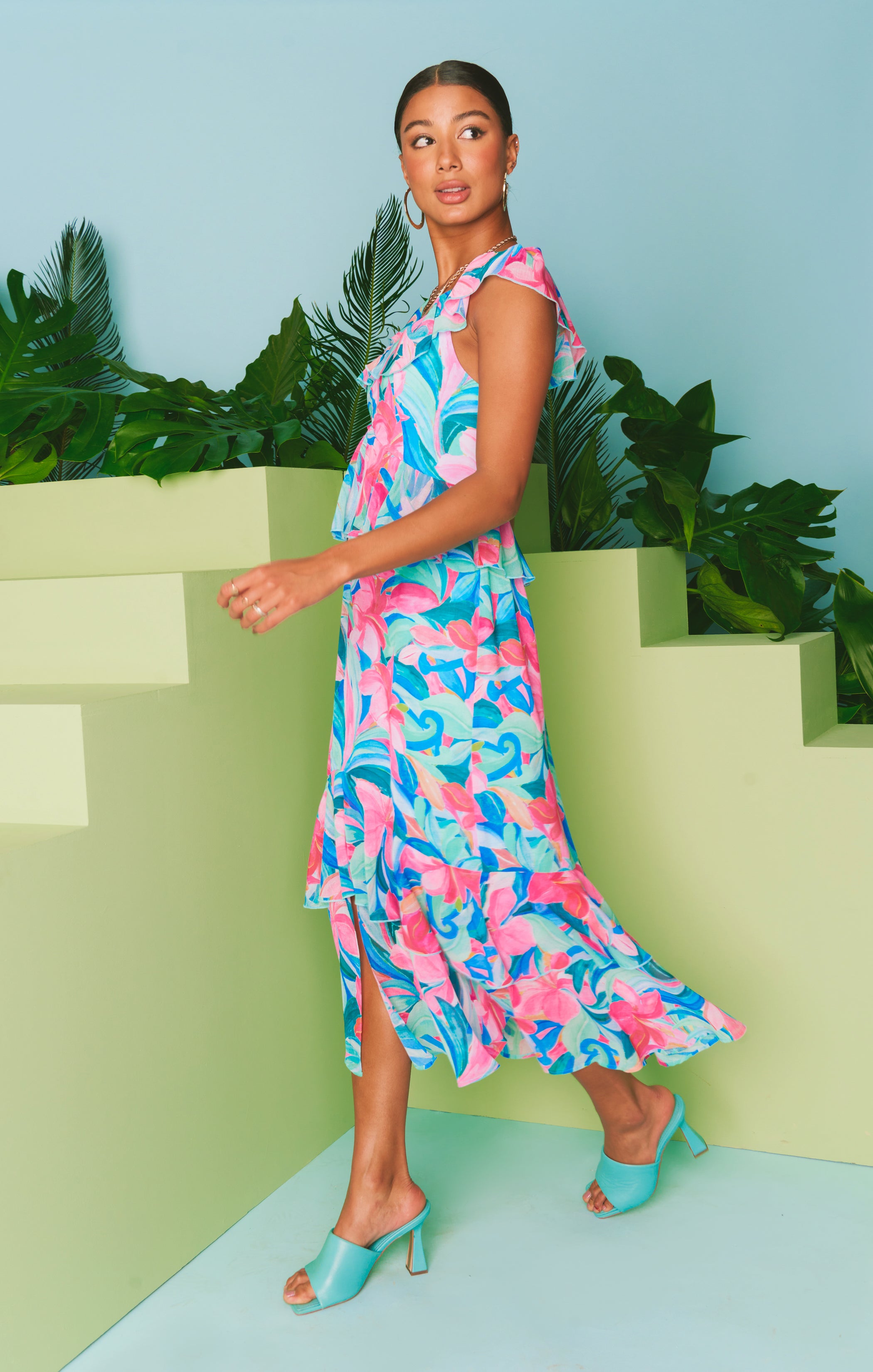 Ruffled Tiered Midi Dress with Flutter Sleeves | Reese Hibiscus Punch