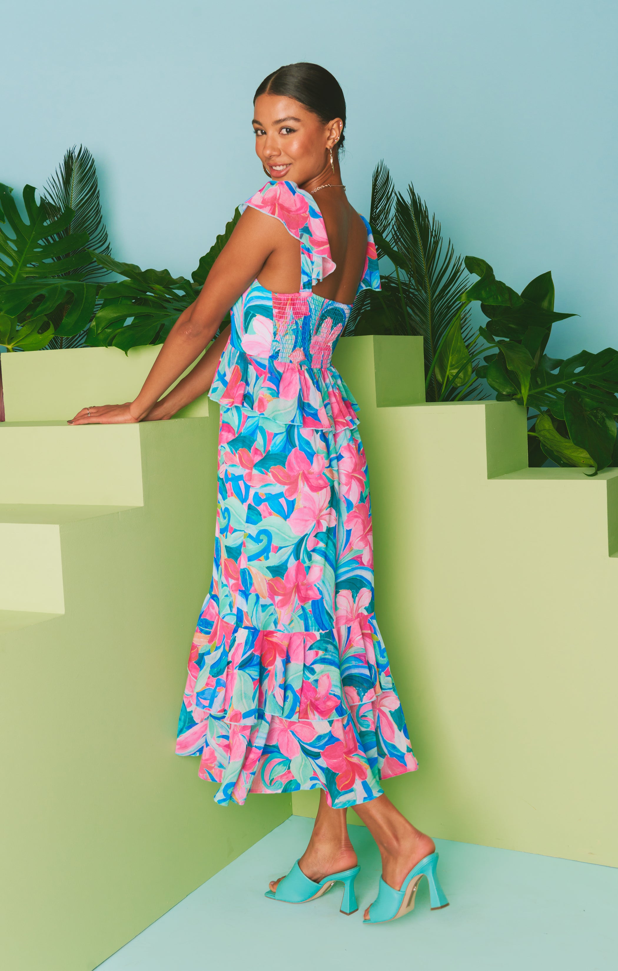 Ruffled Tiered Midi Dress with Flutter Sleeves | Reese Hibiscus Punch