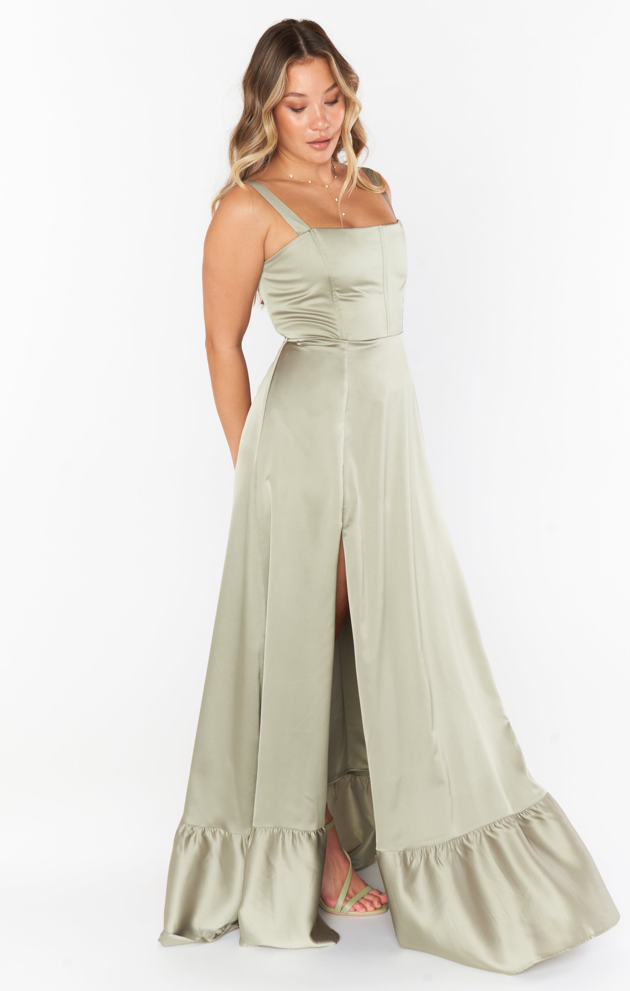 Luxury Satin Corset Dress with Side Slit & Maxi Hem | Clarissa Moss Green