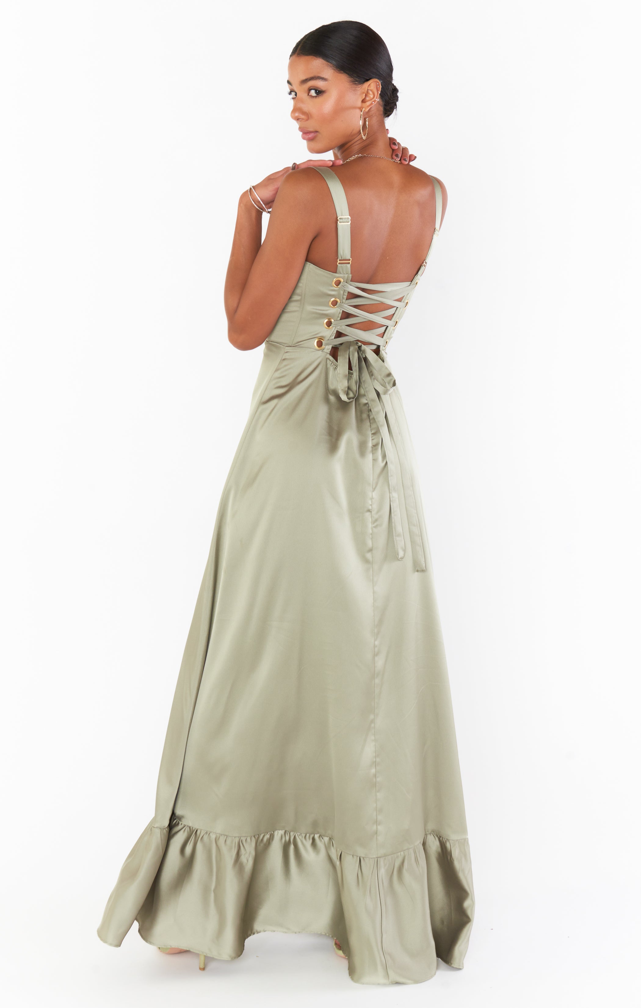 Luxury Satin Corset Dress with Side Slit & Maxi Hem | Clarissa Moss Green