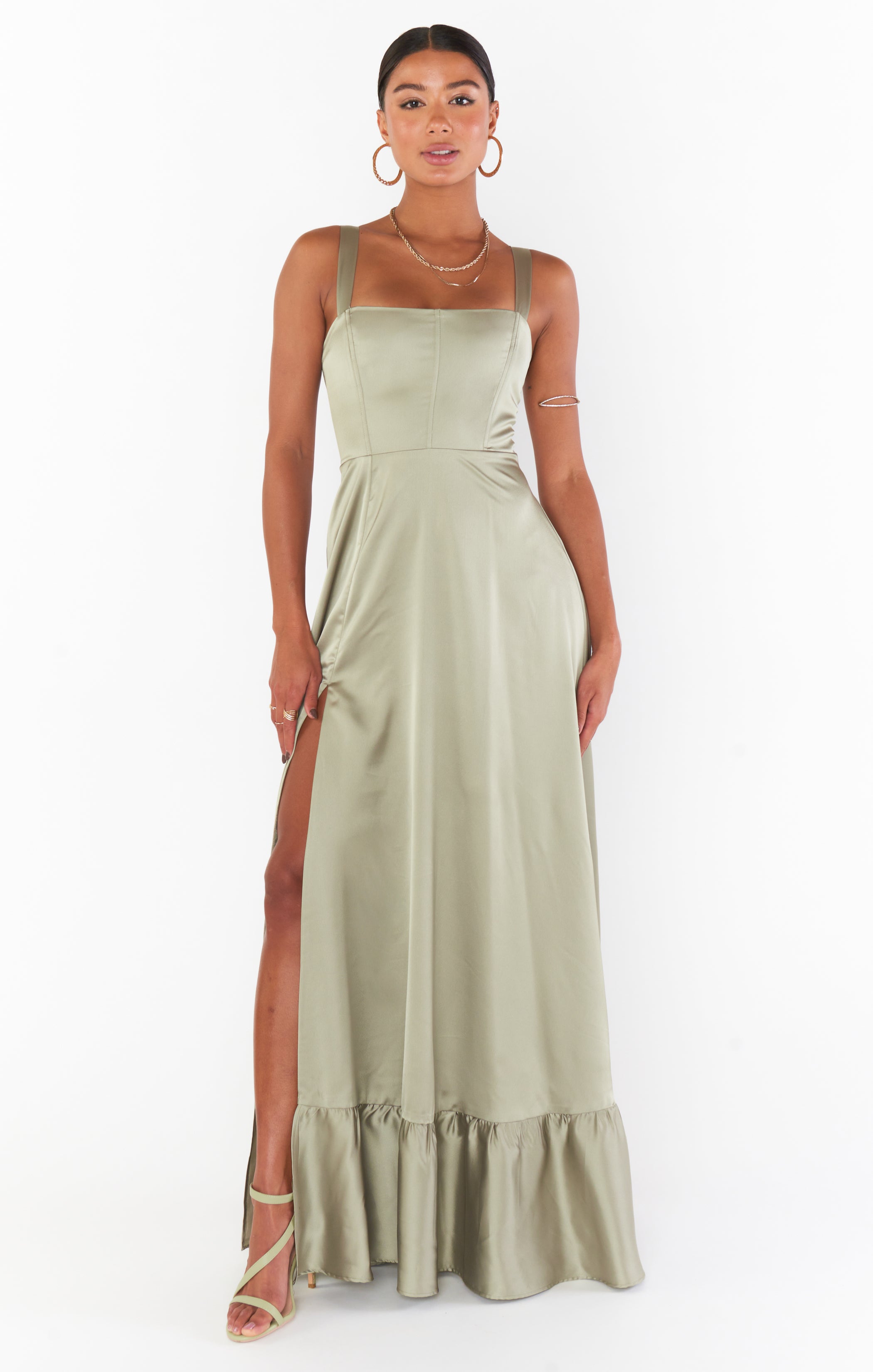 Luxury Satin Corset Dress with Side Slit & Maxi Hem | Clarissa Moss Green