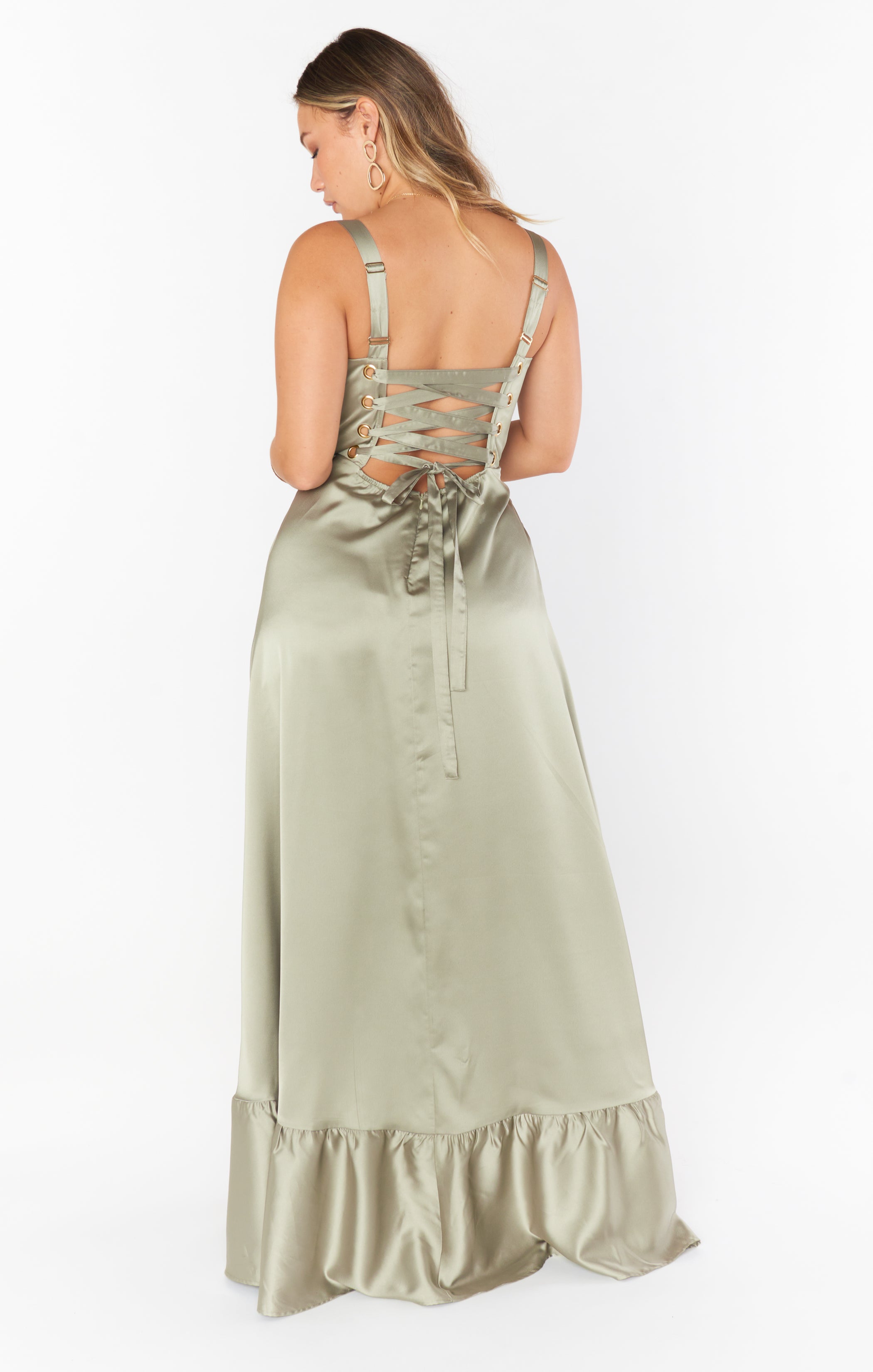 Luxury Satin Corset Dress with Side Slit & Maxi Hem | Clarissa Moss Green