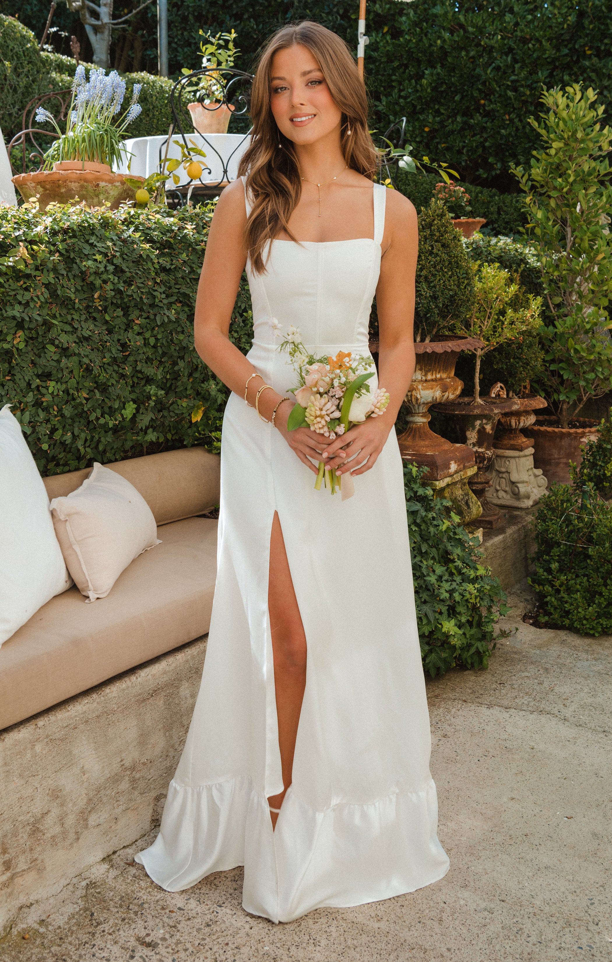 Ivory Satin Corset Dress with Slit | Clarissa Maxi Dress