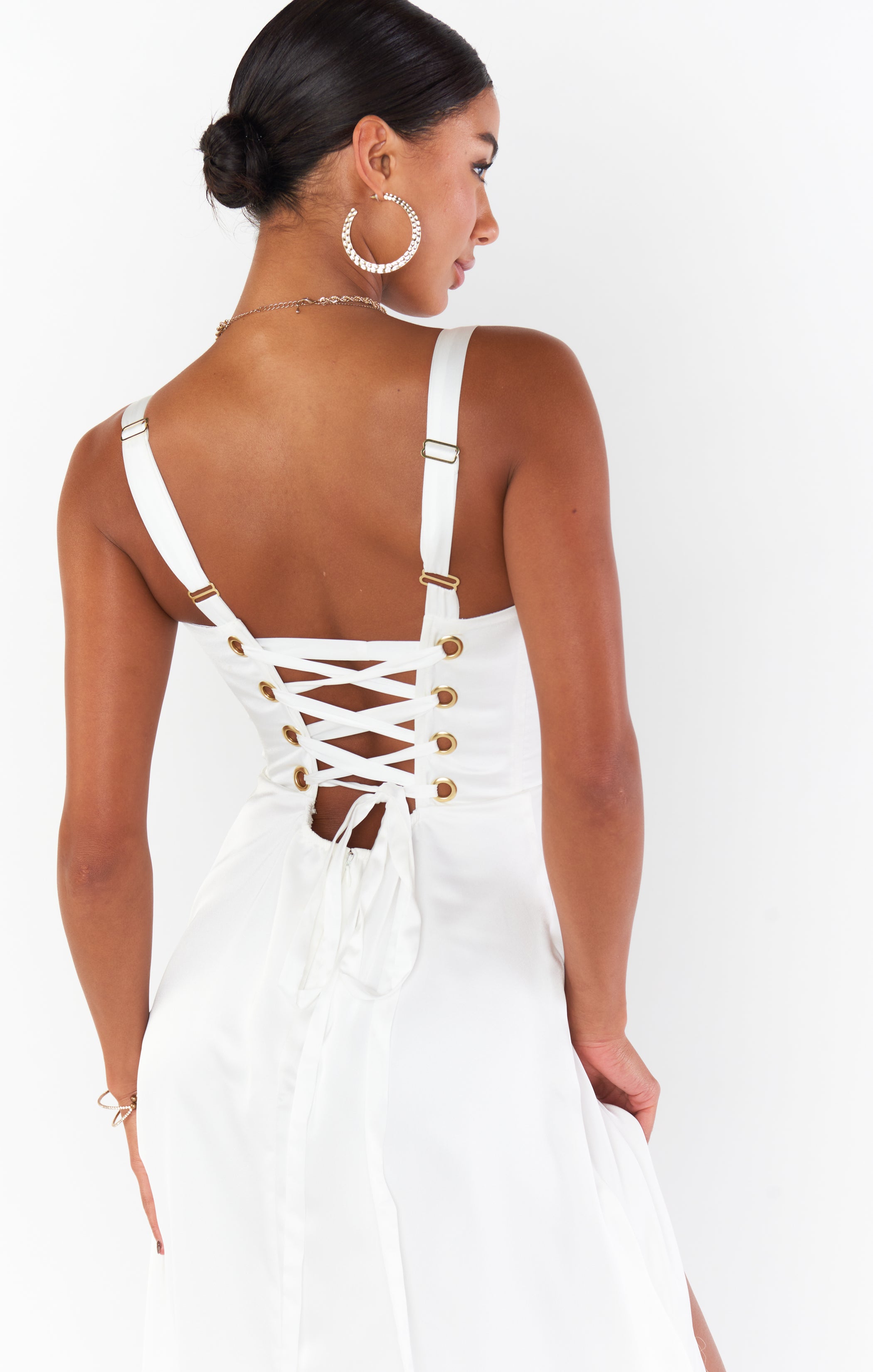 Ivory Satin Corset Dress with Slit | Clarissa Maxi Dress