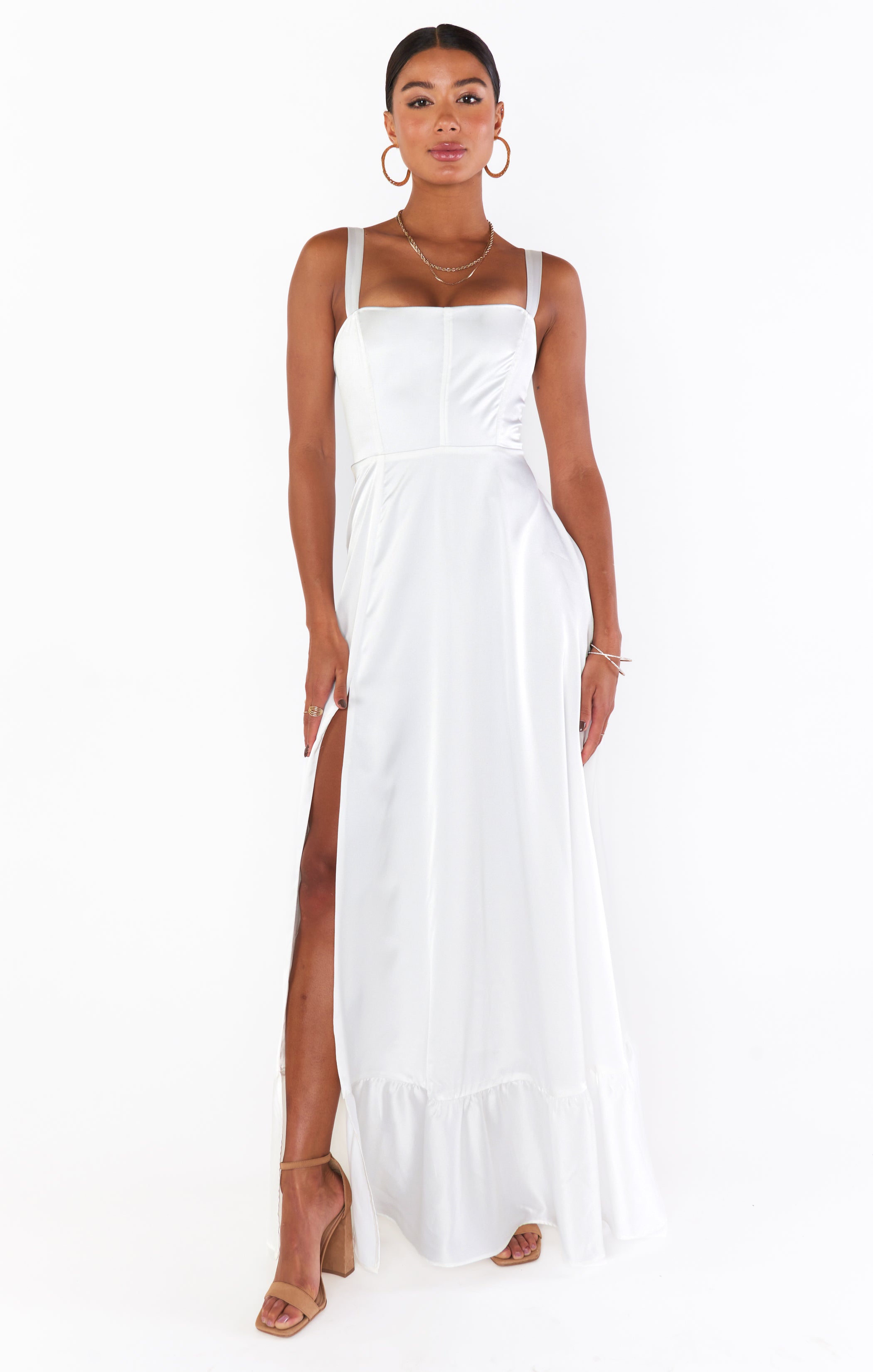 Ivory Satin Corset Dress with Slit | Clarissa Maxi Dress
