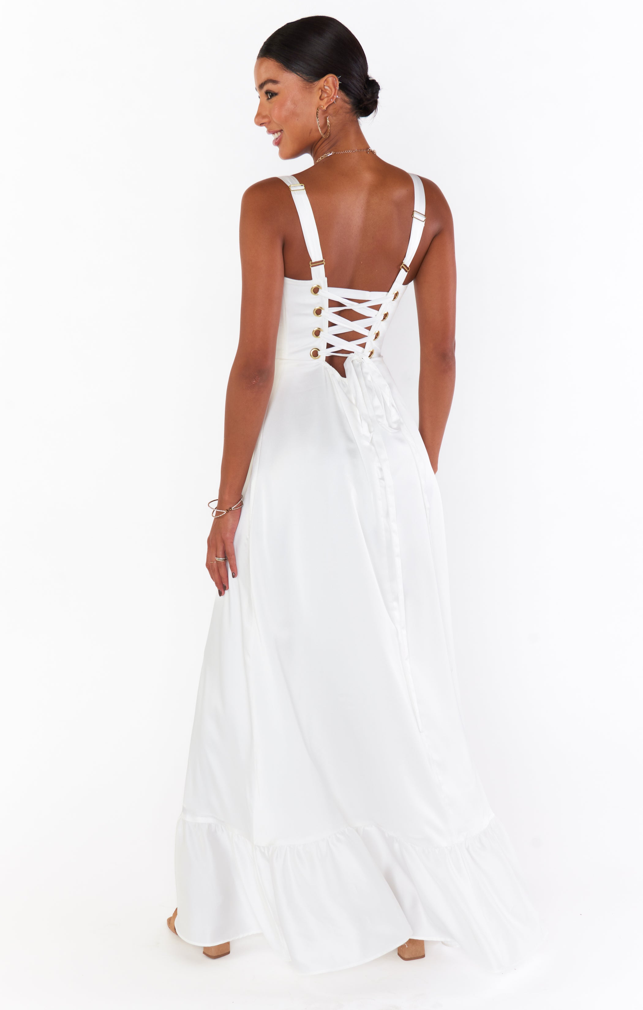 Ivory Satin Corset Dress with Slit | Clarissa Maxi Dress