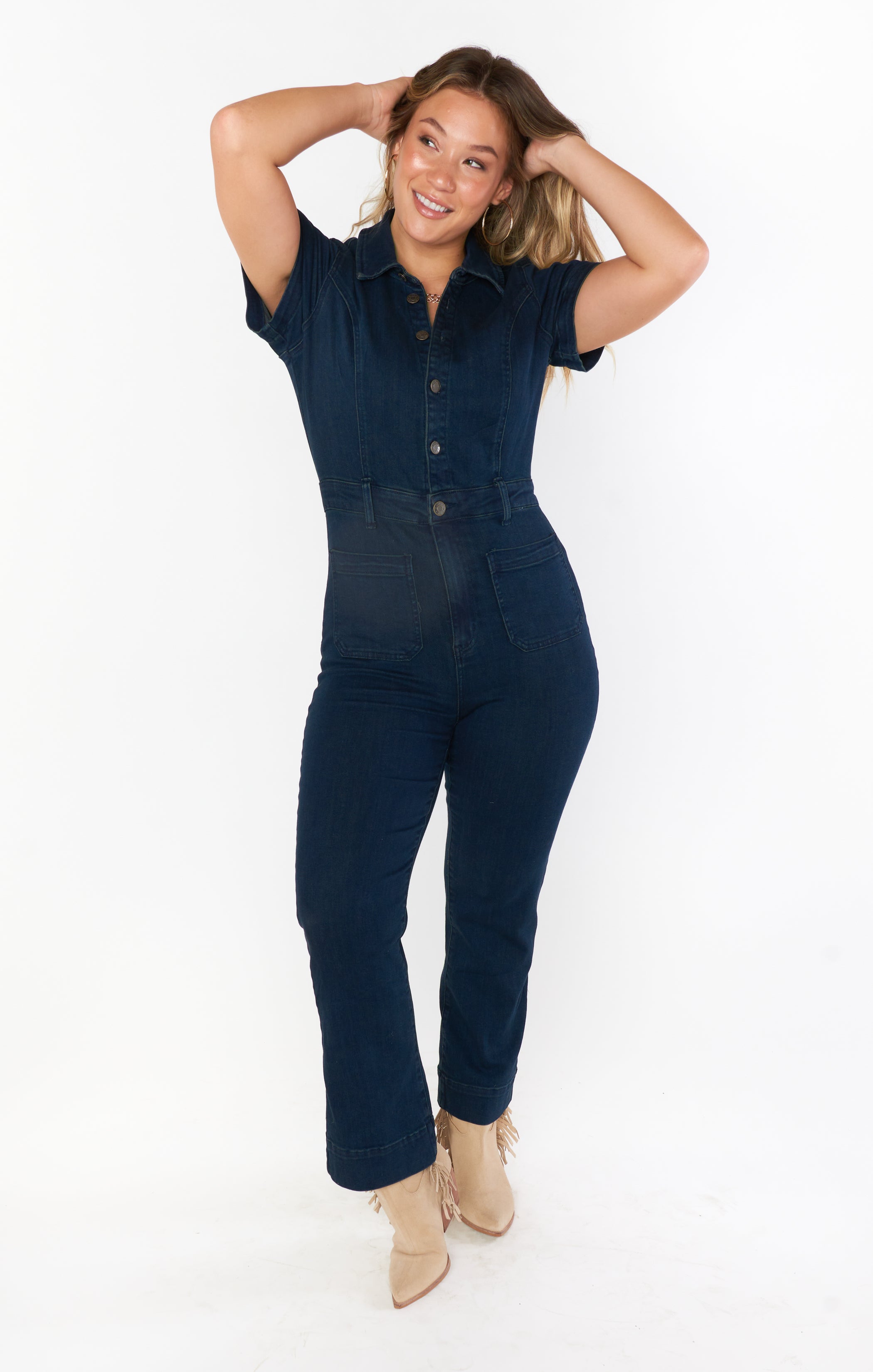 Cropped Denim Jumpsuit with Front Buttons | Everhart Thunder