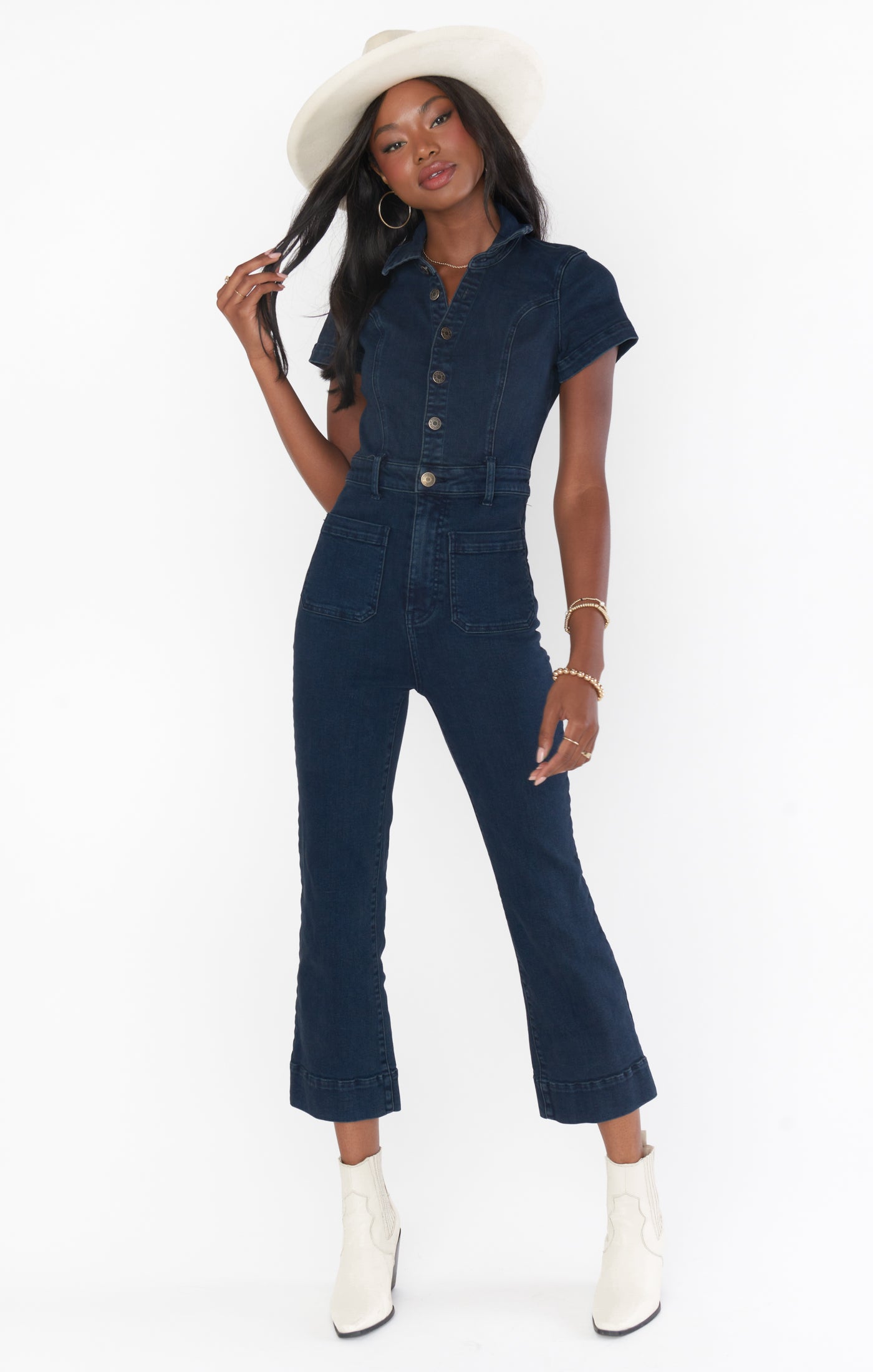 Cropped Denim Jumpsuit with Front Buttons | Everhart Thunder