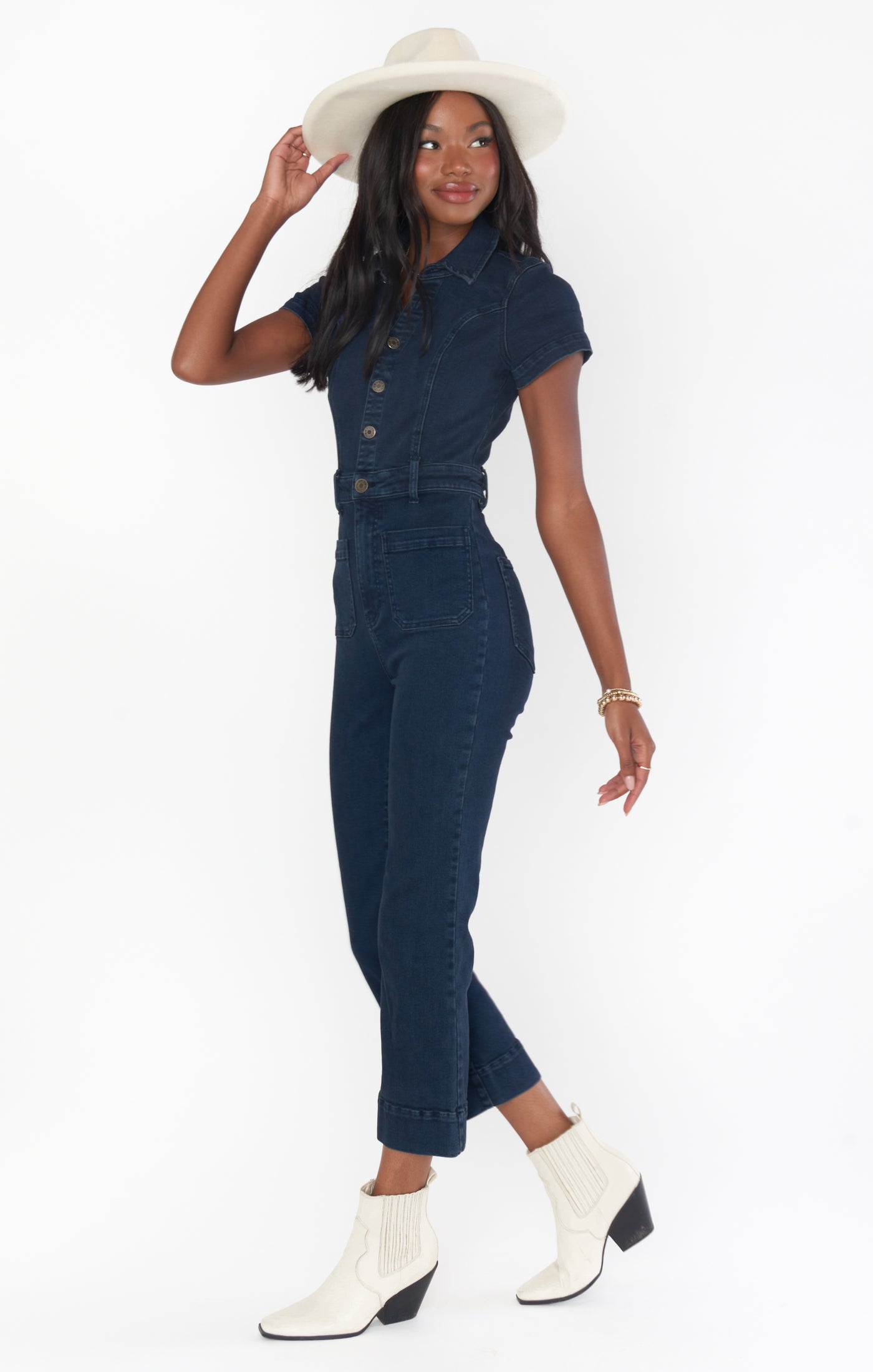 Cropped Denim Jumpsuit with Front Buttons | Everhart Thunder