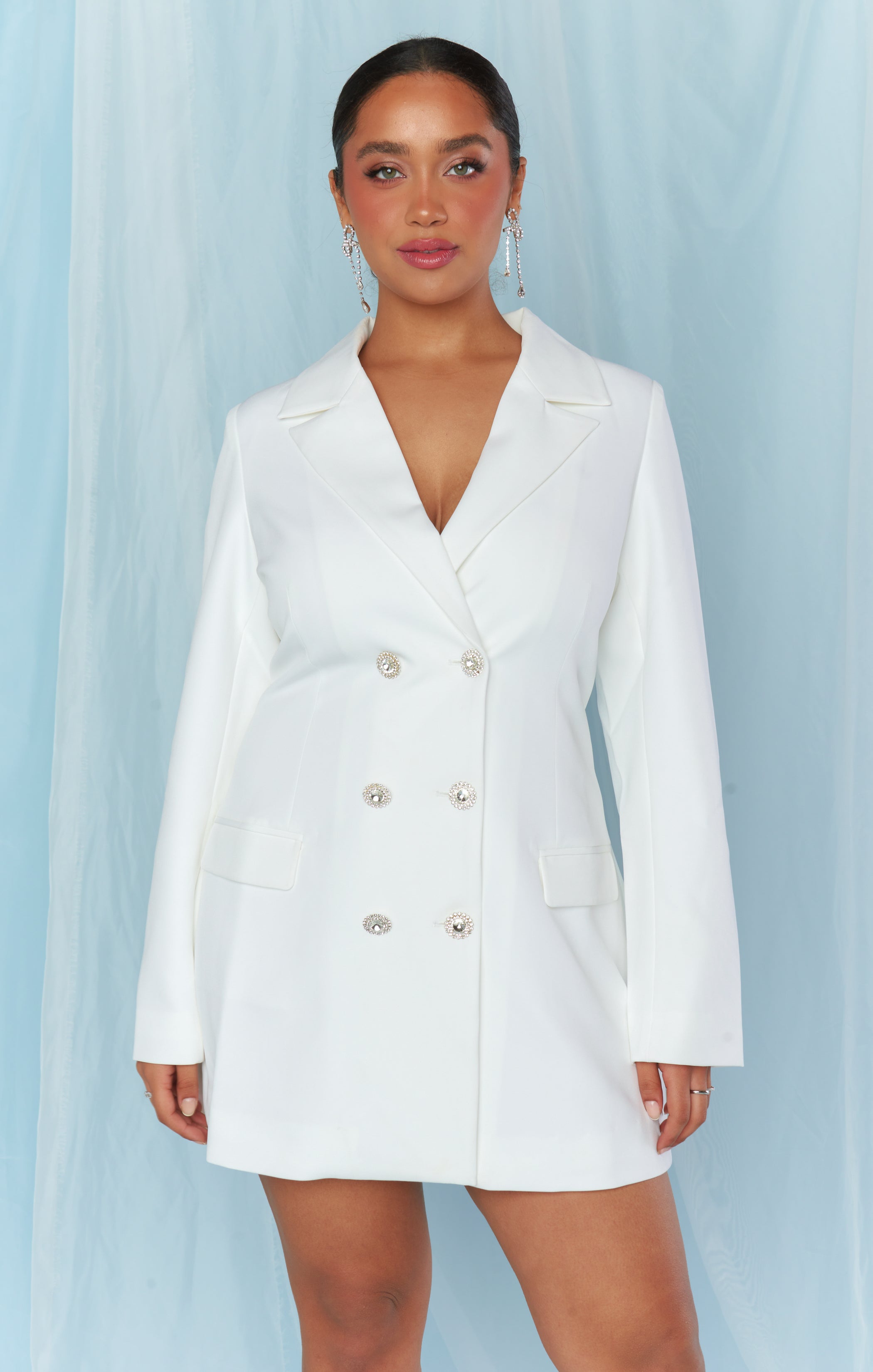 White Blazer Dress with Jeweled Buttons & Pockets | Mumu x FashionPass