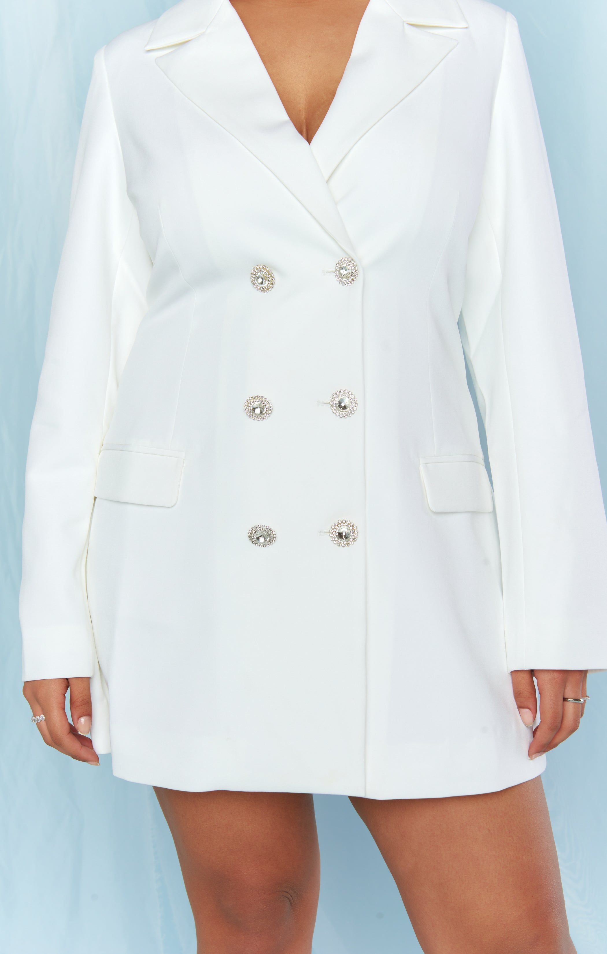 White Blazer Dress with Jeweled Buttons & Pockets | Mumu x FashionPass