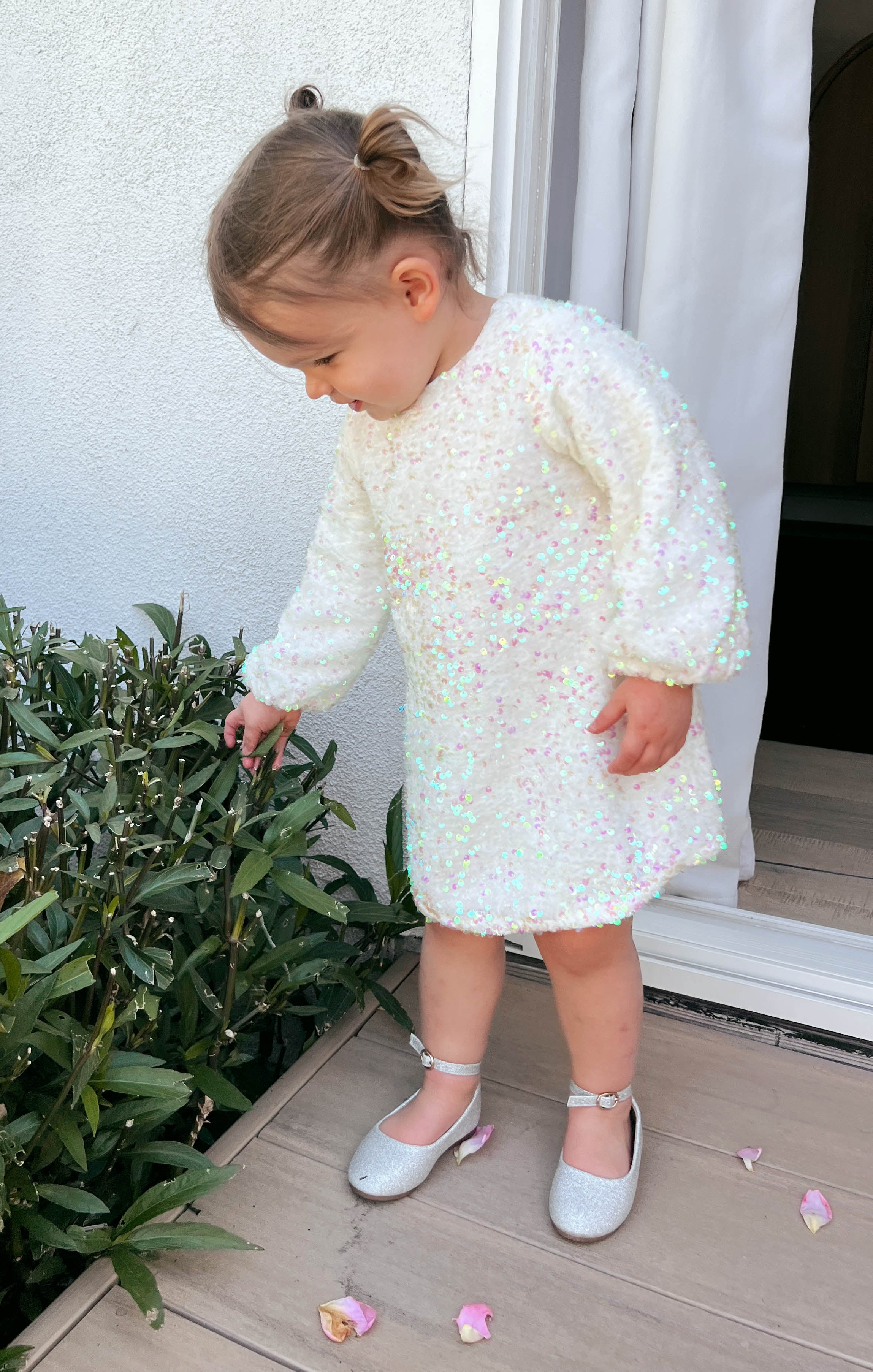Girl's Sparkly Sequin Dress | White Iridescent Twirl Dress
